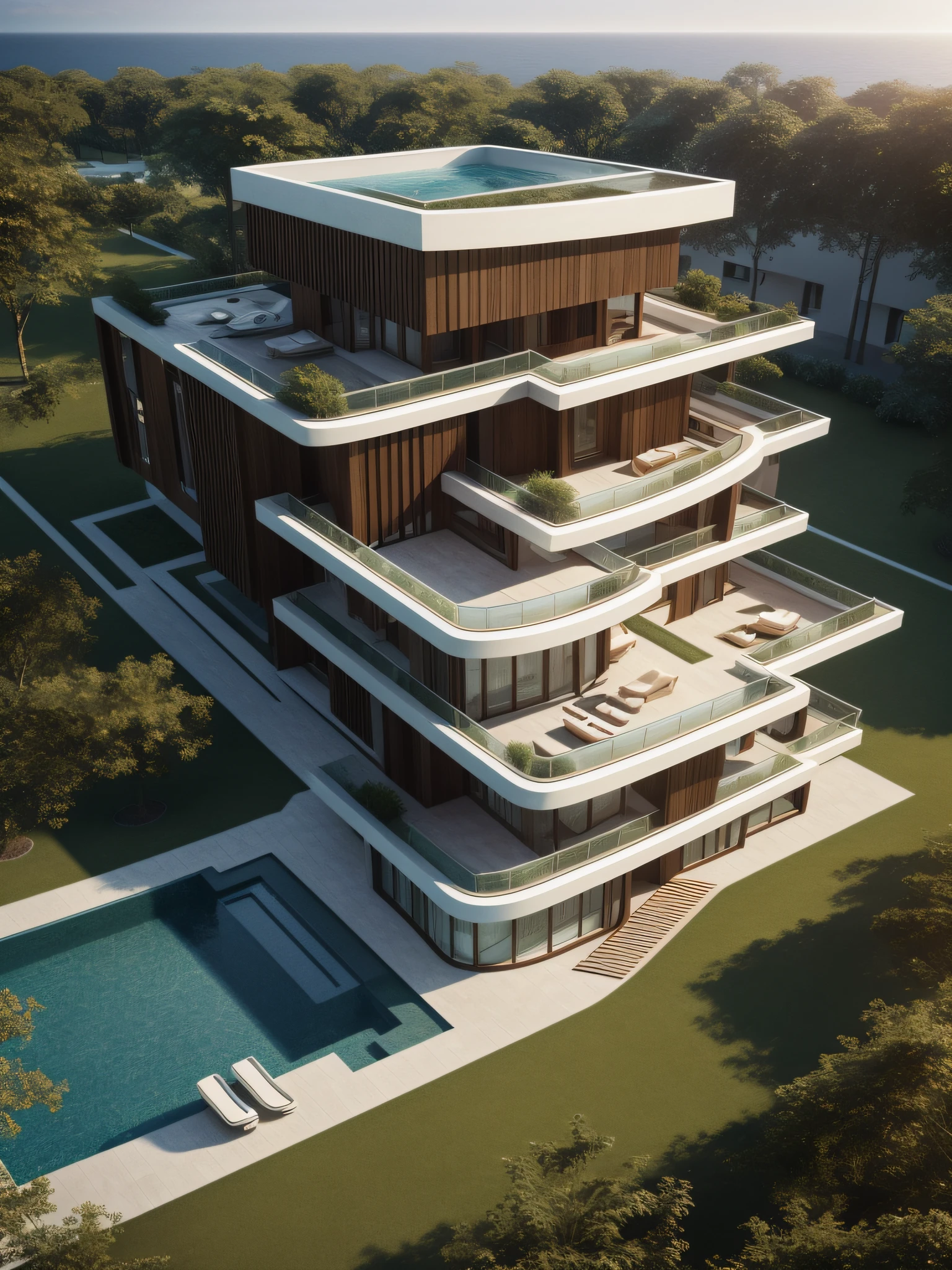 Realistic photo of innocense residential wooden by Zaha Hadid design ::1.6 With pools and gardens. crease surface, sinuous. Cinematic, Photography, Ultra - Wide Angleб hyper - detailed, insane details, intricate details, beautifully color graded, Unreal Engine ::1