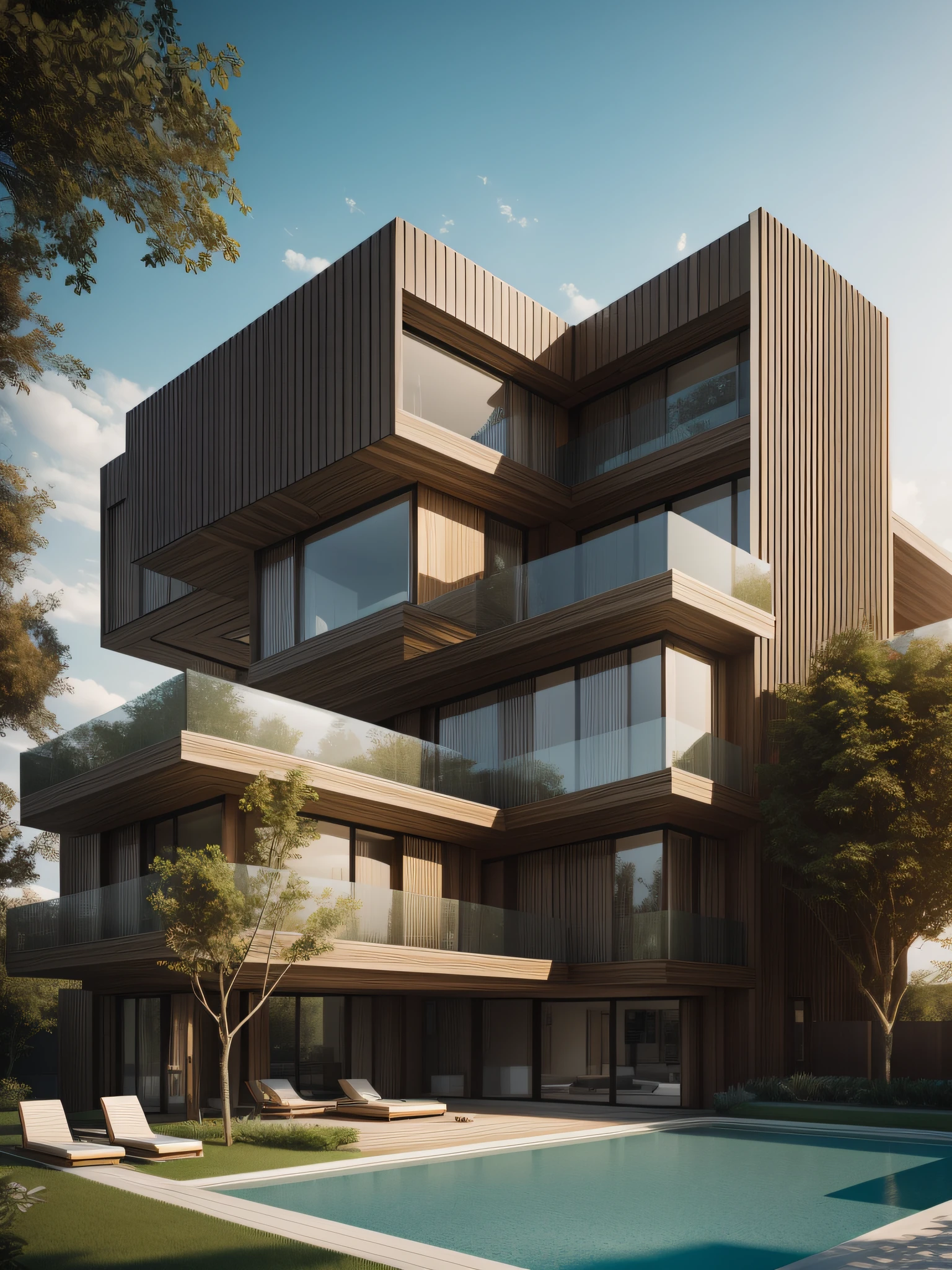 Realistic photo of innocense residential wooden by Zaha Hadid design ::1.6 With pools and gardens. crease surface, sinuous. Cinematic, Photography, Ultra - Wide Angleб hyper - detailed, insane details, intricate details, beautifully color graded, Unreal Engine ::1
