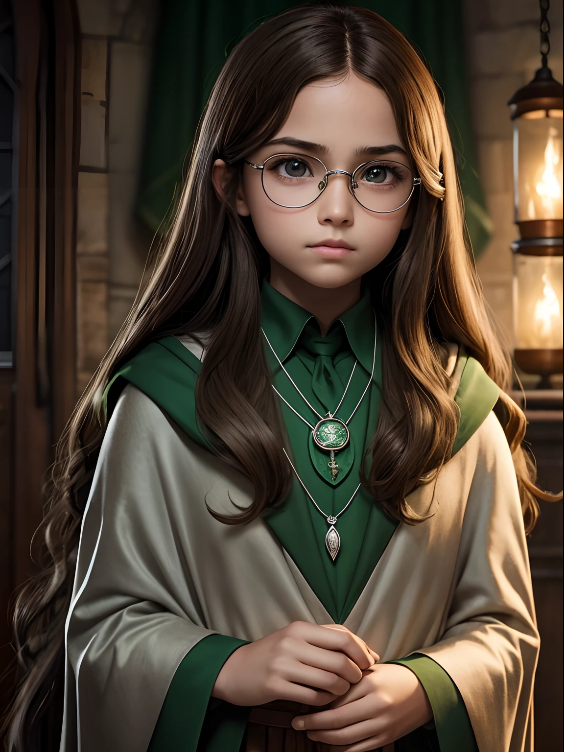 , Beautiful serious girl, long brown hair to the shoulder blades, Big shiny brown eyes, long eyelashes, eyeglasses, Hogwarts House Slytherin, Long green cloak, Silver chain with a pendant around the neck, hogwarts on background, Caste spells (Fireball)