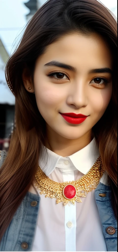 there is a woman with long hair and a necklace with a red lipstick, with accurate face, very beautiful girl, assamese aesthetic, beutiful face, beuatiful face, with lovely look, cute beautiful, assamese, 18 years old, with cute - fine - face, very very very beautifull face, very beautiful enga style, with kind face
