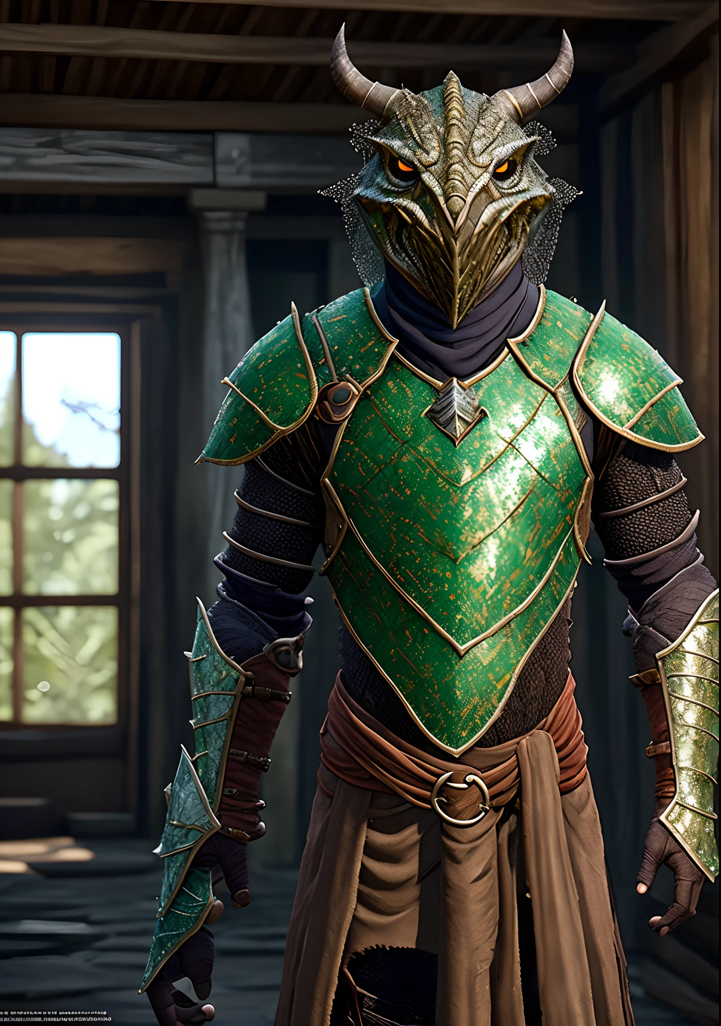 An ancient Argonian wearing intricately detailed light crystalic green glass armor, standing in a forgotten ruin, illuminated by a soft 8k HDR light.