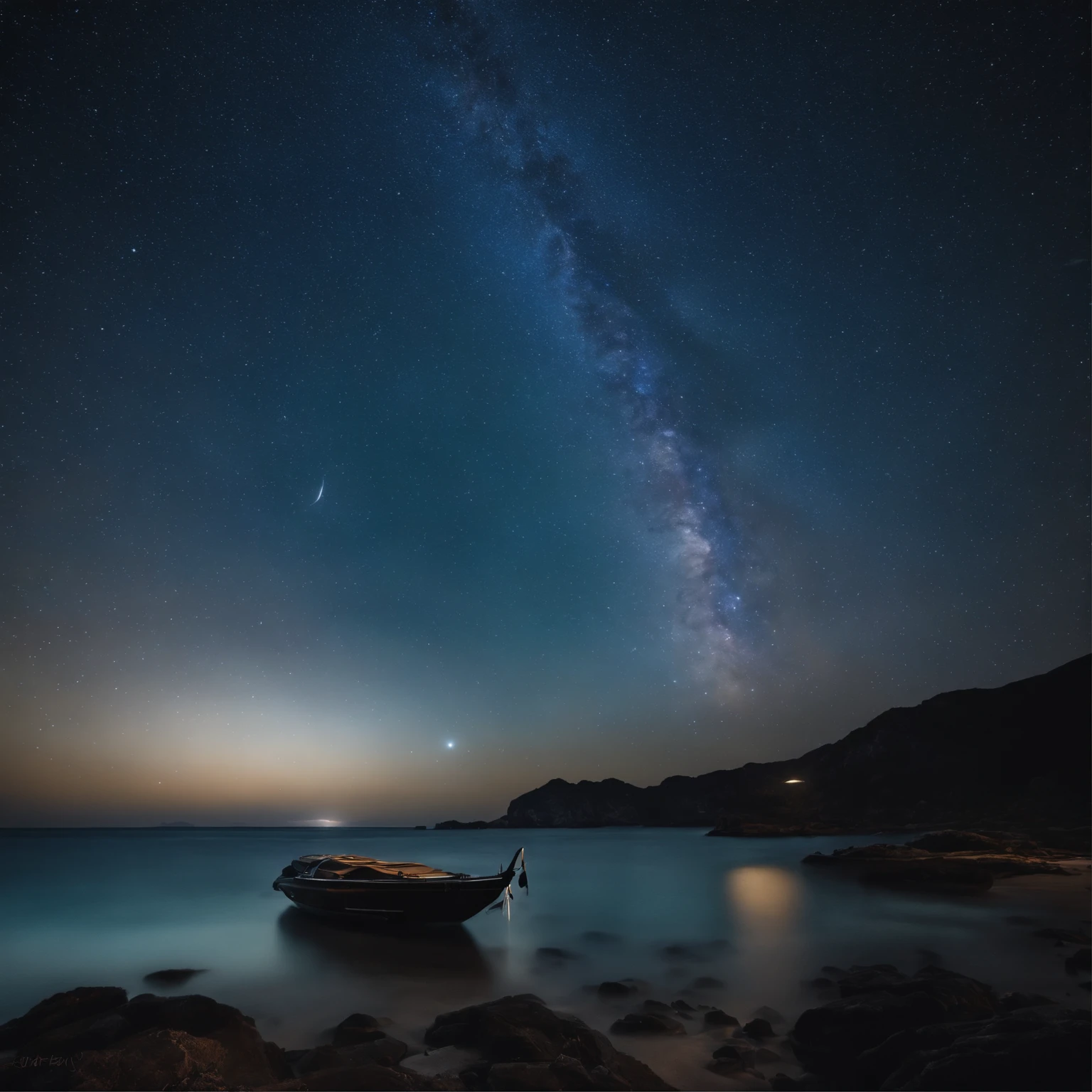 Master Parts、Superior Quality、superior image quality、The 8k quality、、Beautiful pictures of the starry sky、magnifica、Arched Milky Way:1.9、Sail ships:1.9、Blue Sea、shooting stars:1.9