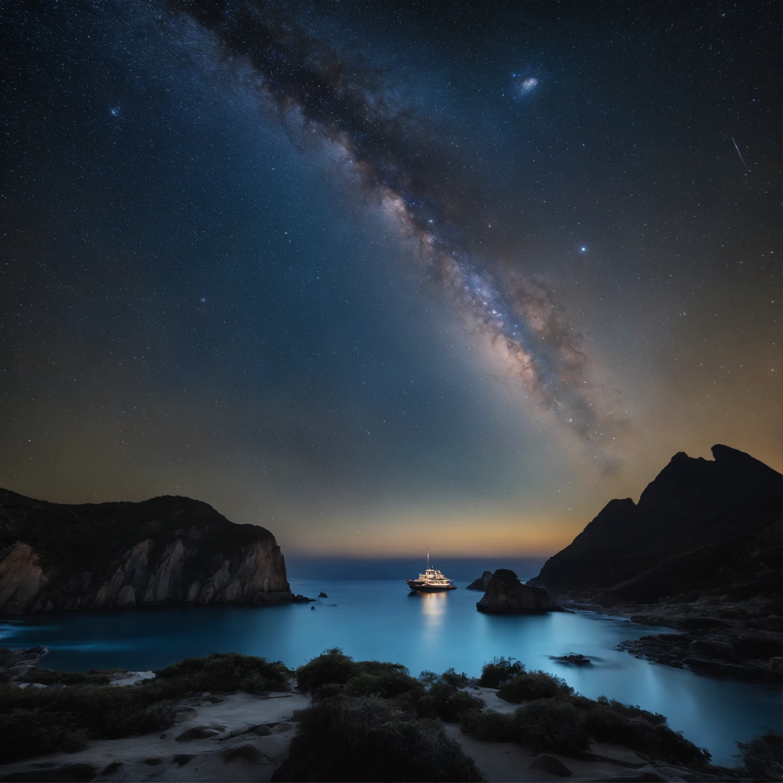 Master Parts、Superior Quality、superior image quality、The 8k quality、、Beautiful pictures of the starry sky、magnifica、Arched Milky Way:1.9、Sail ships:1.9、Blue Sea、shooting stars:1.9