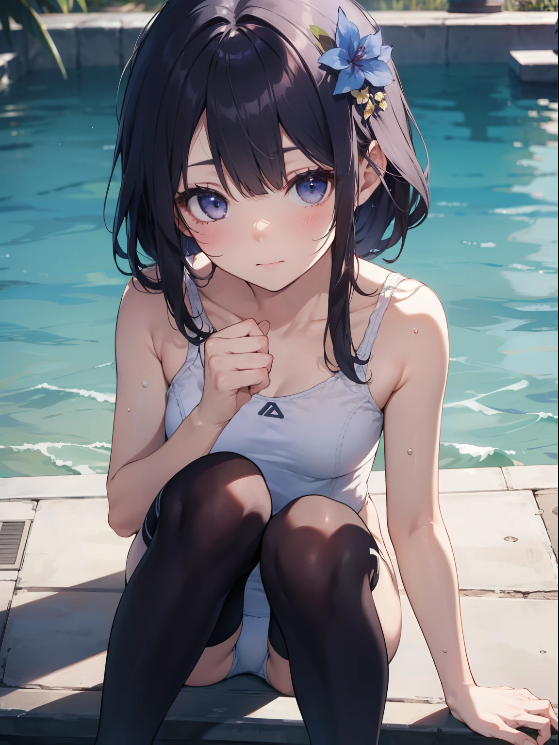 top-quality、Full limbs、complete fingers、Slender beauty、1 persons、Small eyes、embarassed expression、white school swim suit、knee high、Bery short hair、hime-cut