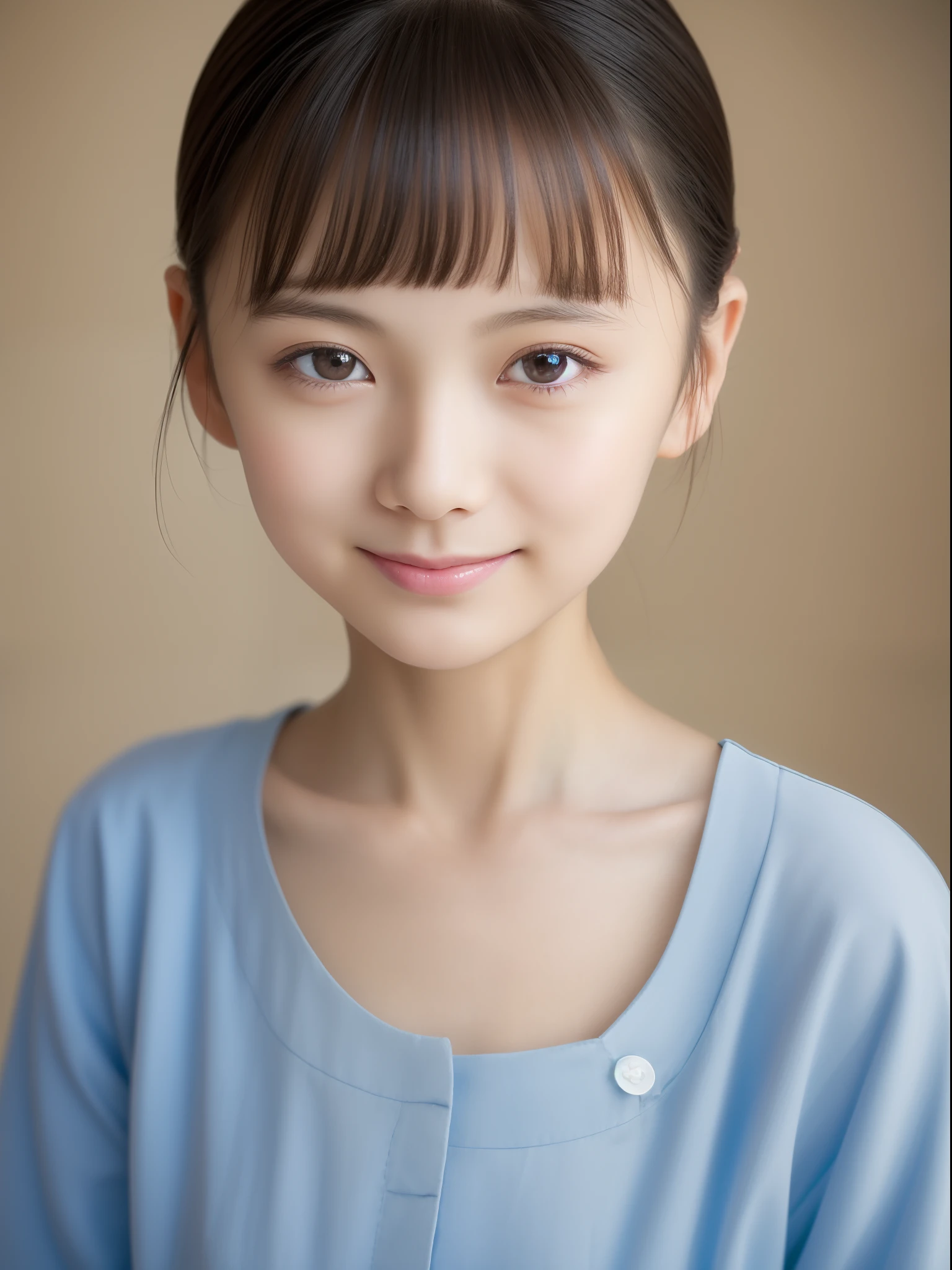 Brown long hair、Eyes, nose and mouth in the center of the face、bite a little on your teeth(8k, RAW photo, best quality, masterpiece:1.2), (realistic, photo-realistic:1.4), (extremely detailed 8k wallpaper), sharp focus, depth of field, blur background, bokeh, cinematic lighting, soft light, upper body, 20 years old cute actress