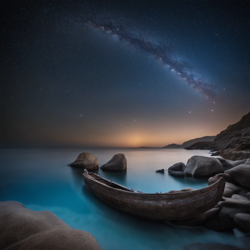Master Parts、Superior Quality、superior image quality、The 8k quality、、Beautiful pictures of the starry sky、magnifica、Arched Milky Way:1.9、Sail ships:1.9、Blue Sea、shooting stars:1.9