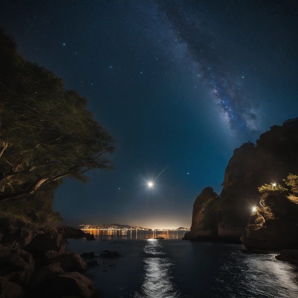 Master Parts、Superior Quality、superior image quality、The 8k quality、、Beautiful pictures of the starry sky、magnifica、Arched Milky Way:1.9、Sail ships:1.9、Blue Sea、shooting stars:1.9