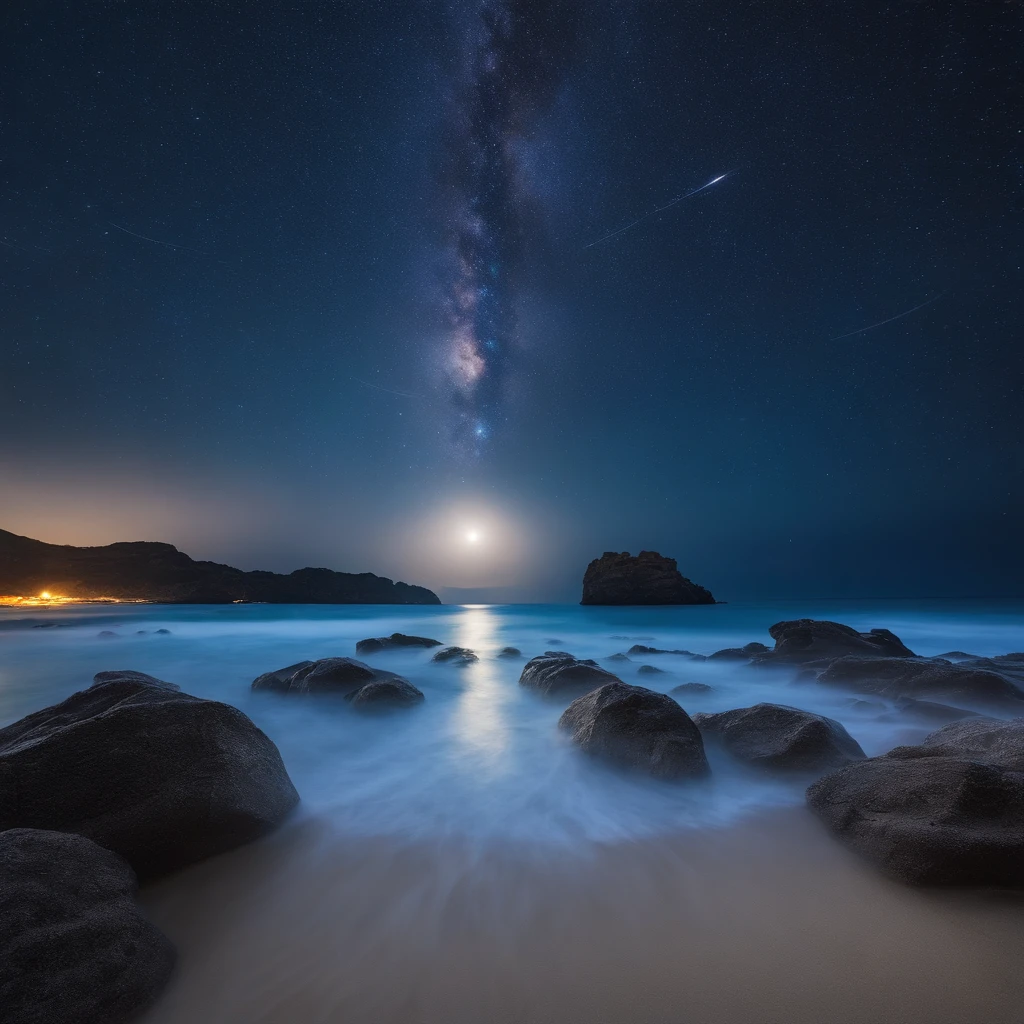 Master Parts、Superior Quality、superior image quality、The 8k quality、、Beautiful pictures of the starry sky、magnifica、Arched Milky Way:1.9、Sail ships:1.9、Blue Sea、shooting stars:1.9