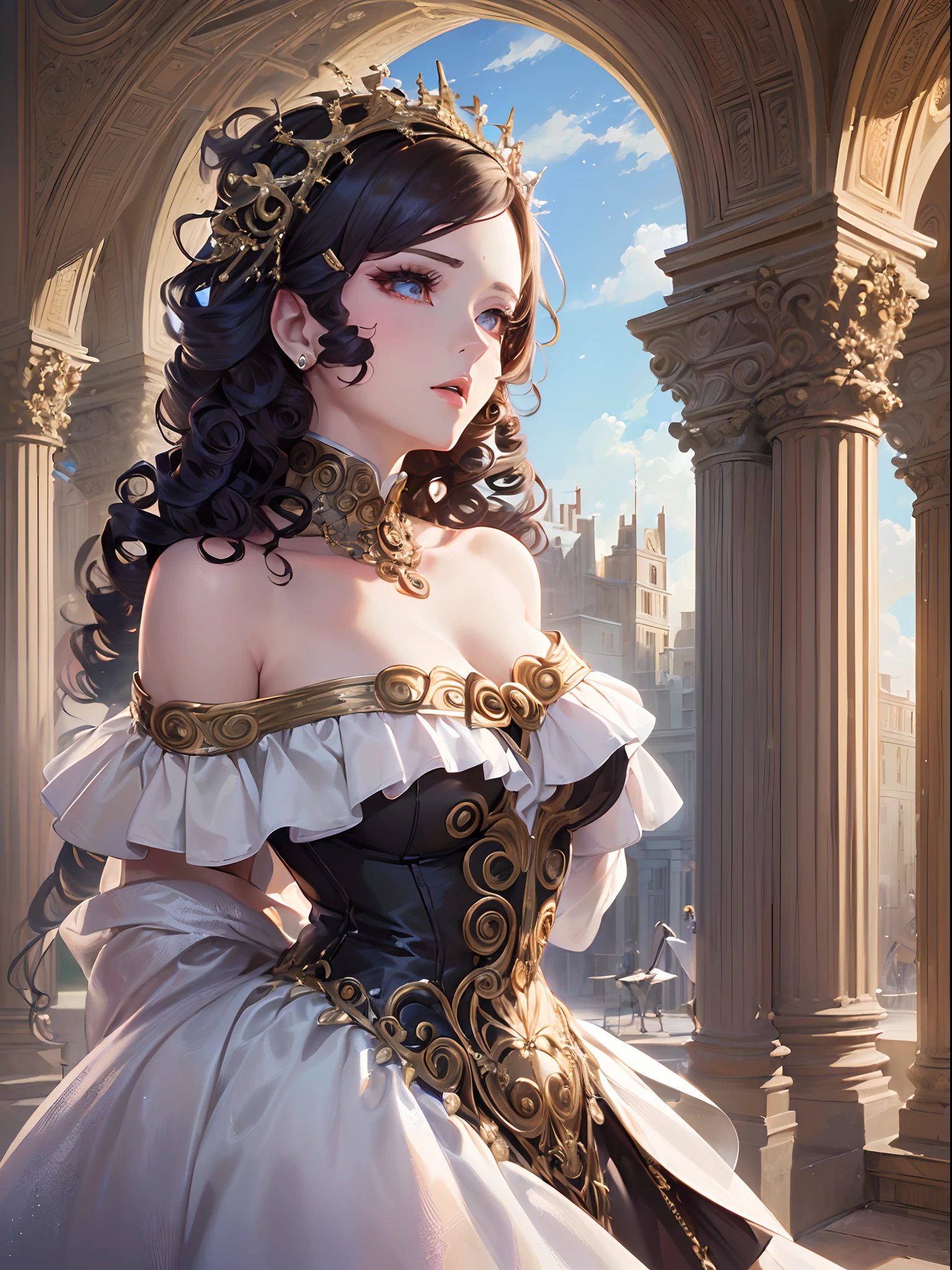 ((Finest quality)),(超A high resolution),(ultra-detailliert),(Meticulous portrayal),((Best Anime)),(Finest works of art),sharpnes,Clair, (Female opera singer in an off-shoulder dress with elaborate design:1.5),Jewelry with intricate designs:1.3,(Curled hair:1.5),Proportioned proportions:1.4, opera house,stage