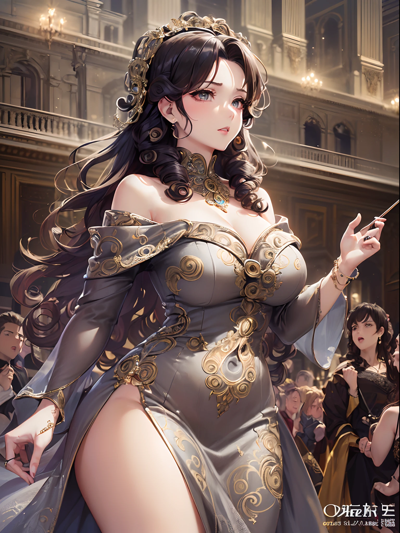 ((Finest quality)),(超A high resolution),(ultra-detailliert),(Meticulous portrayal),((Best Anime)),(Finest works of art),sharpnes,Clair, (Female opera singer in an off-shoulder dress with elaborate design:1.5),Jewelry with intricate designs:1.3,(Curled hair:1.5),Proportioned proportions:1.4, opera house,stage