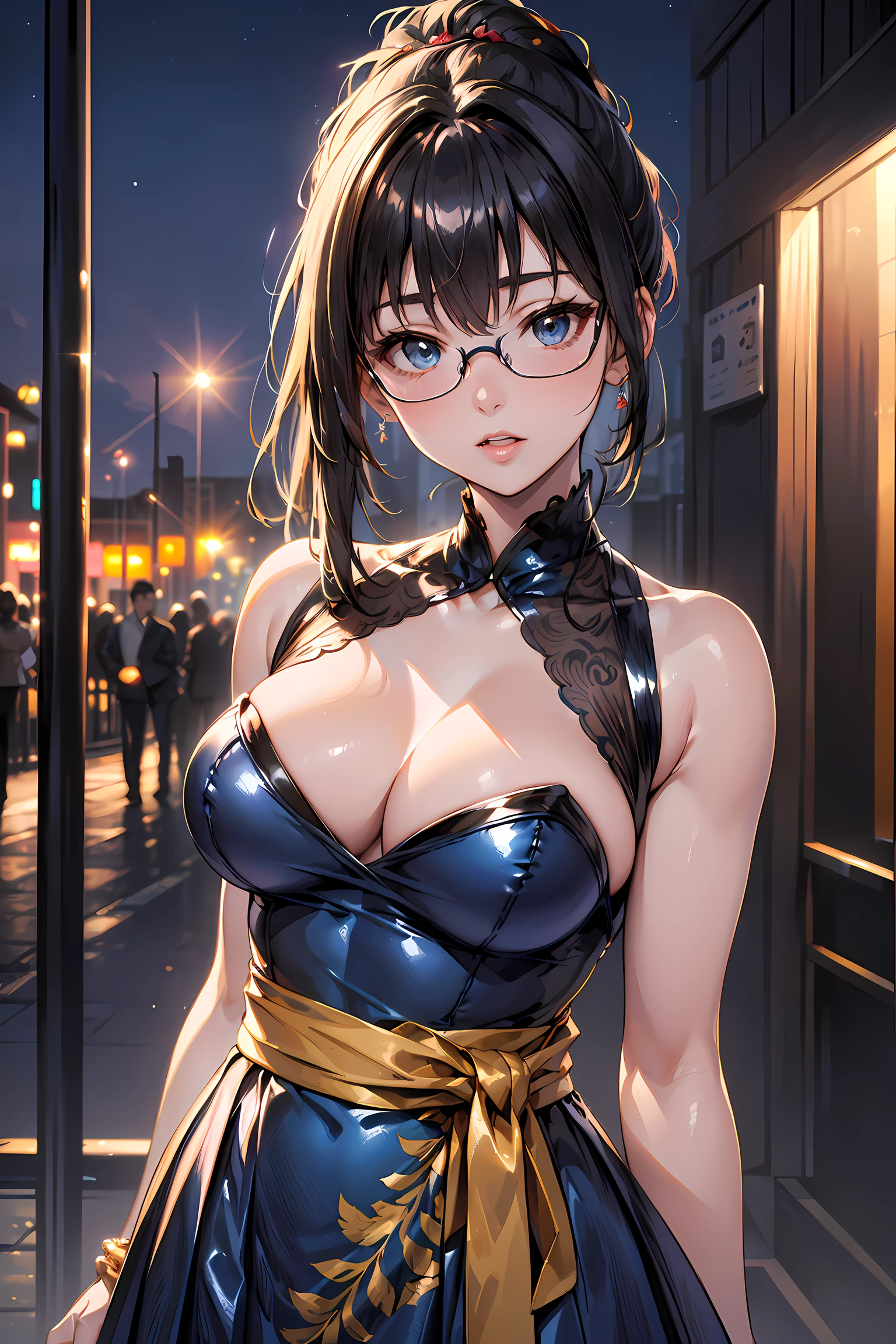 (1glasses girl:1.3, solo), (Audrey Hepburn:1.3), (a extremely pretty and beautiful Japanese woman), (sexy girl), (professional attire:1.3), (22 years old: 1.1), (walking on red carpet:1.3), (attractive random posing:1.3), (in the night royal party:1.3), (looking straight at you:1.3), (starring at you:1.3), (front view:1.3), break, (ponytail:1.3), (shiny-black thin hair:1.2), bangs, dark brown eyes, beautiful eyes, princess eyes, (big eyes:1.3), bangs, wearing a glasses:1.3, Hair between eyes, short hair:1.3, (slender:1.1), (small-medium-breasts:0.95), (thin waist: 1.15), (detailed beautiful girl: 1.4), Parted lips, Red lips, full-make-up face, (shiny skin), ((Perfect Female Body)), (upper body image:1.3), Perfect Anatomy, Perfect Proportions, (most beautiful Korean actress face:1.3, extremely cute and beautiful Japanese actress face:1.3), BREAK, (View viewer, wearing a embroidery frills sexy queen uniform, (insanely detailed elegant outfit:1.3), (gorgeous halter-neck queen dress:1.3), (tafta queen dress:1.3), (shiny-blue dress:1.3), (high-waist-frill-skirt:1.3), detailed clothes, BREAK, (detailed royal night party background:1.2), (dark background), (Studio soft lighting: 1.3), (fake lights: 1.3), (backlight: 1.3), BREAK, (Realistic, Photorealistic: 1.37), (Masterpiece, Best Quality: 1.2), (Ultra High Resolution: 1.2), (RAW Photo: 1.2), (Sharp Focus: 1.3), (Face Focus: 1.2), (Ultra Detailed CG Unified 8k Wallpaper: 1.2), (Beautiful Skin: 1.2), (pale Skin: 1.3), (Hyper Sharp Focus: 1.5), (Ultra Sharp Focus: 1.5), (Beautiful pretty face: 1.3), (super detailed background, detail background: 1.3), Ultra Realistic Photo, Hyper Sharp Image, Hyper Detail Image,