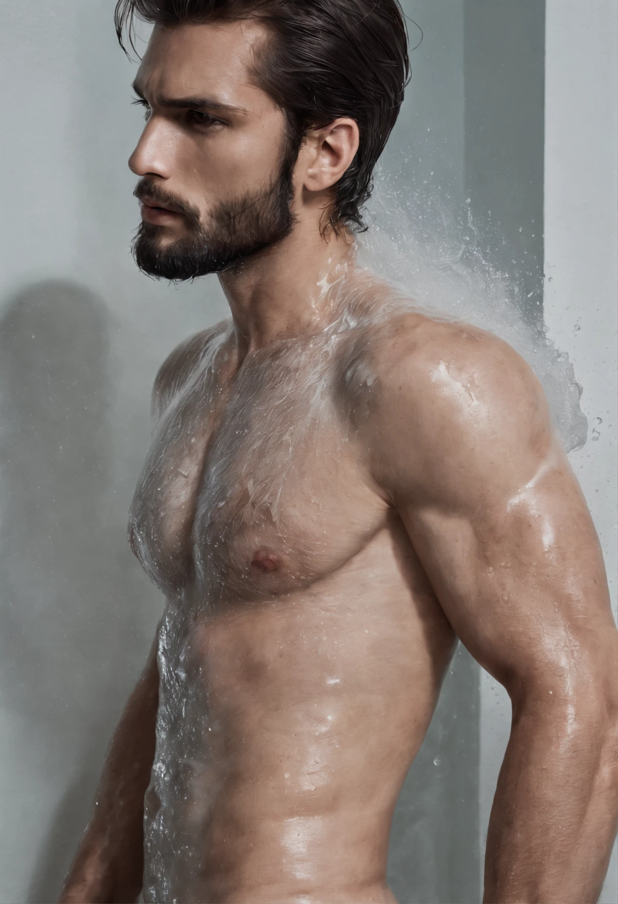 vogue photography,Back shadow,Full body photo,Handsome and strong Brazilian long-haired male model standing in glass bathroom shower,Sweaty, Water droplets from the shower head fall from above, ssmile, waistup, back muscles, glute,Side face, Eyes look into the distance, Tie-up long black curly hair,little beard, Healthy complexion, Strong, big shadows,Strong chiaroscuro,Handsome muscular male model, editorial model, very very roberto ferri, steven klein, underwear ad, Strong mature male, inspired by Adrian Zingg, alex kanevsky, Danila Tkachenko, Melt Arras and Marcus Pigot, Open V chest clothes, vman magazine, Healthy skin and roughness