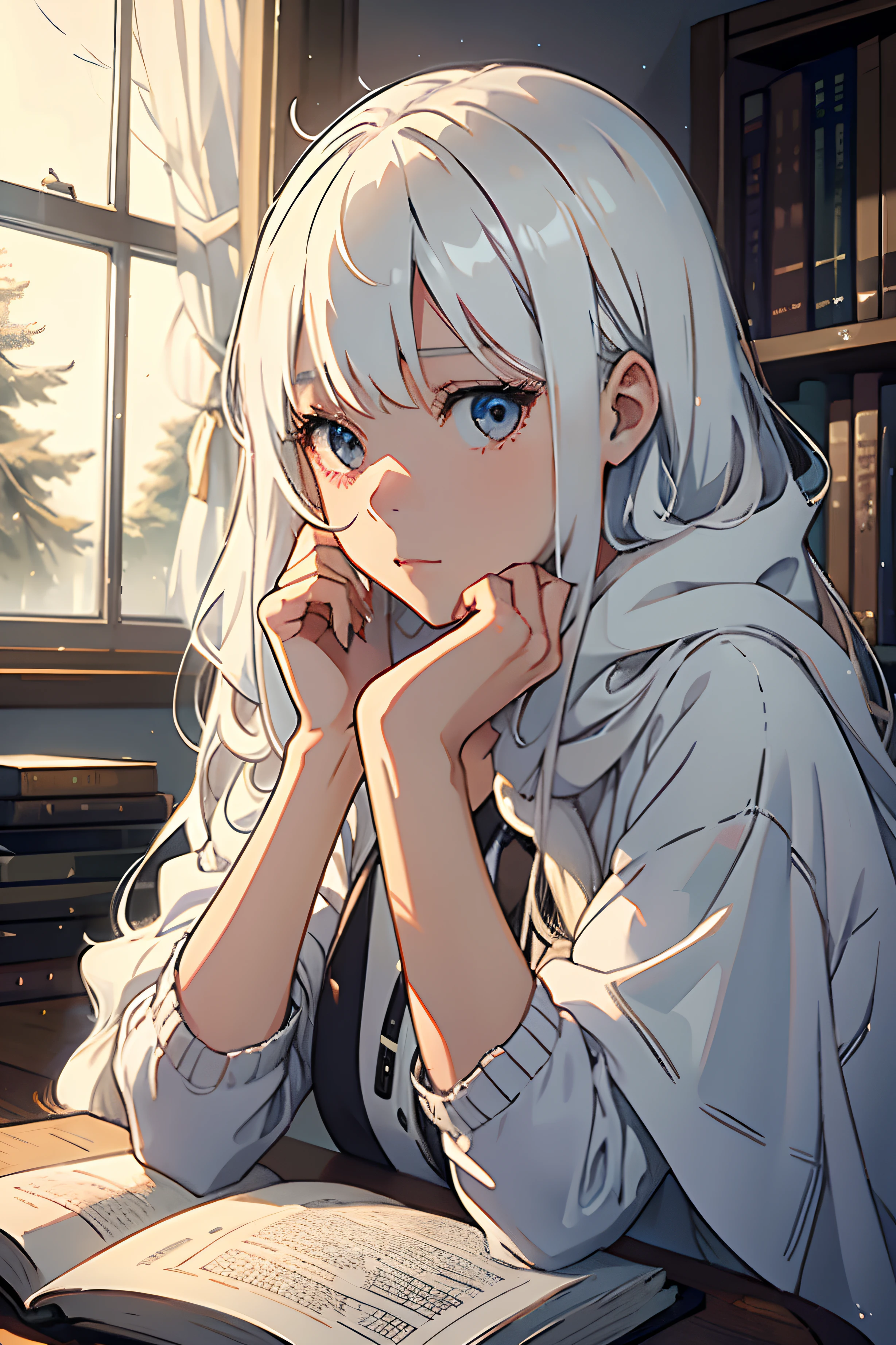 "1 girl, long, white hair, studying in her cozy and warm room. The room has a welcoming ambiance with soft, warm tones. There's a window showing the rainy night outside. The girl, fully absorbed in her studies, has her gaze fixed on the book. She is wearing comfortable clothes, creating a tranquil and focused atmosphere."