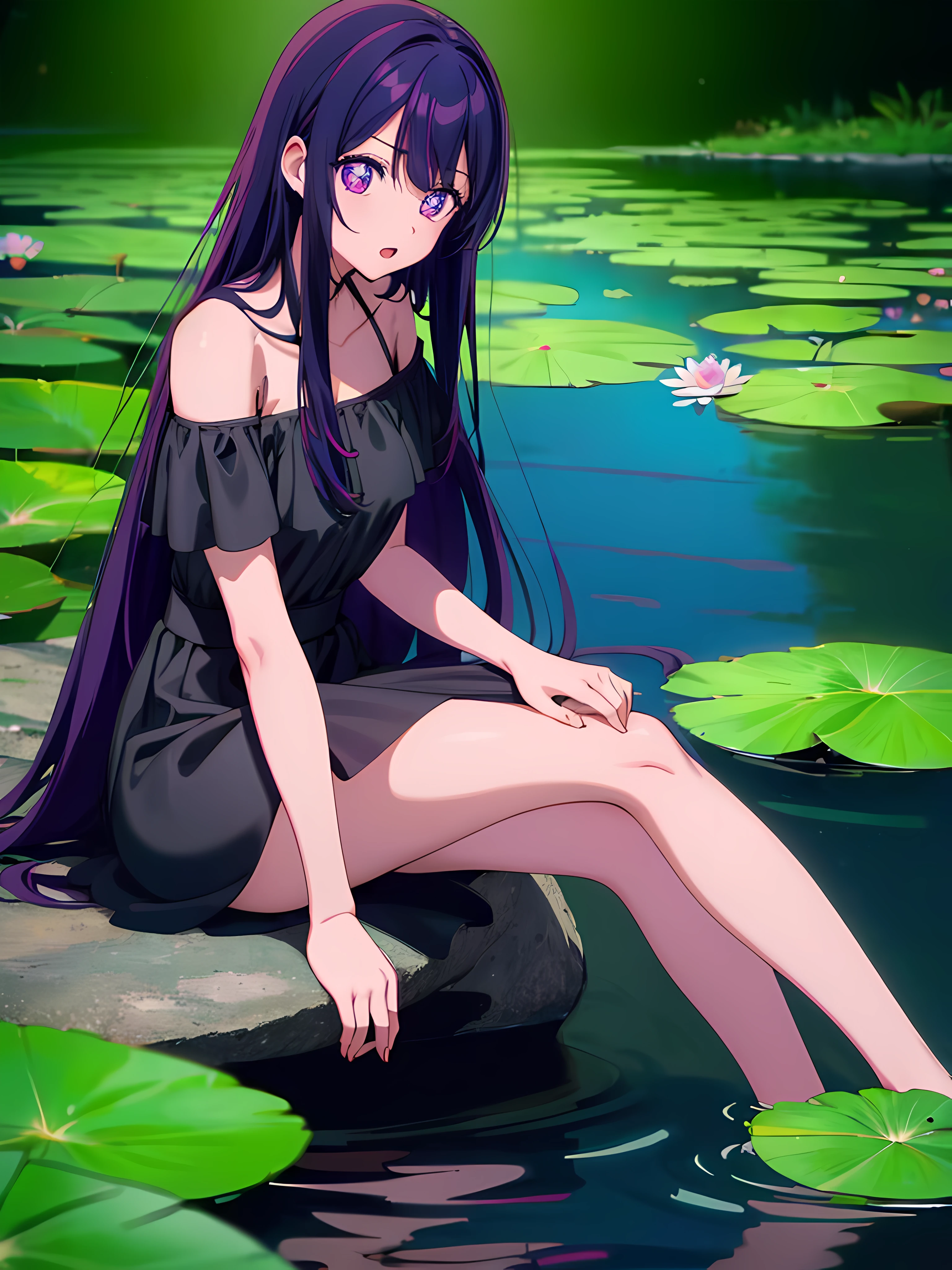 (((High quality, Best quality, high resolution)))1 girl,Ai Hoshino, Long hair, Purple hair, Striped hair ,Purple eyes, Star-shaped pupils, hair adornments, , Extremely detailed eyes,Beautiful eyes, , Face focus, (half closed eyes:0.8), (saliva:0.5), Provocative, Long dress ( Black dress), Bare shoulders, Open mouth, Sit on your knees with your legs crossed, Sitting on a stone,(Spread legs:1.1), Head tilt, Close contacts, Dark background, the moon in the background, Lake, Blue water, glowing water, bathing, In water,glowworm, water lilies, (Close-up:1.1), From the front side, From below, view the viewer,cross-shaped pupils, default_dress, Green cape