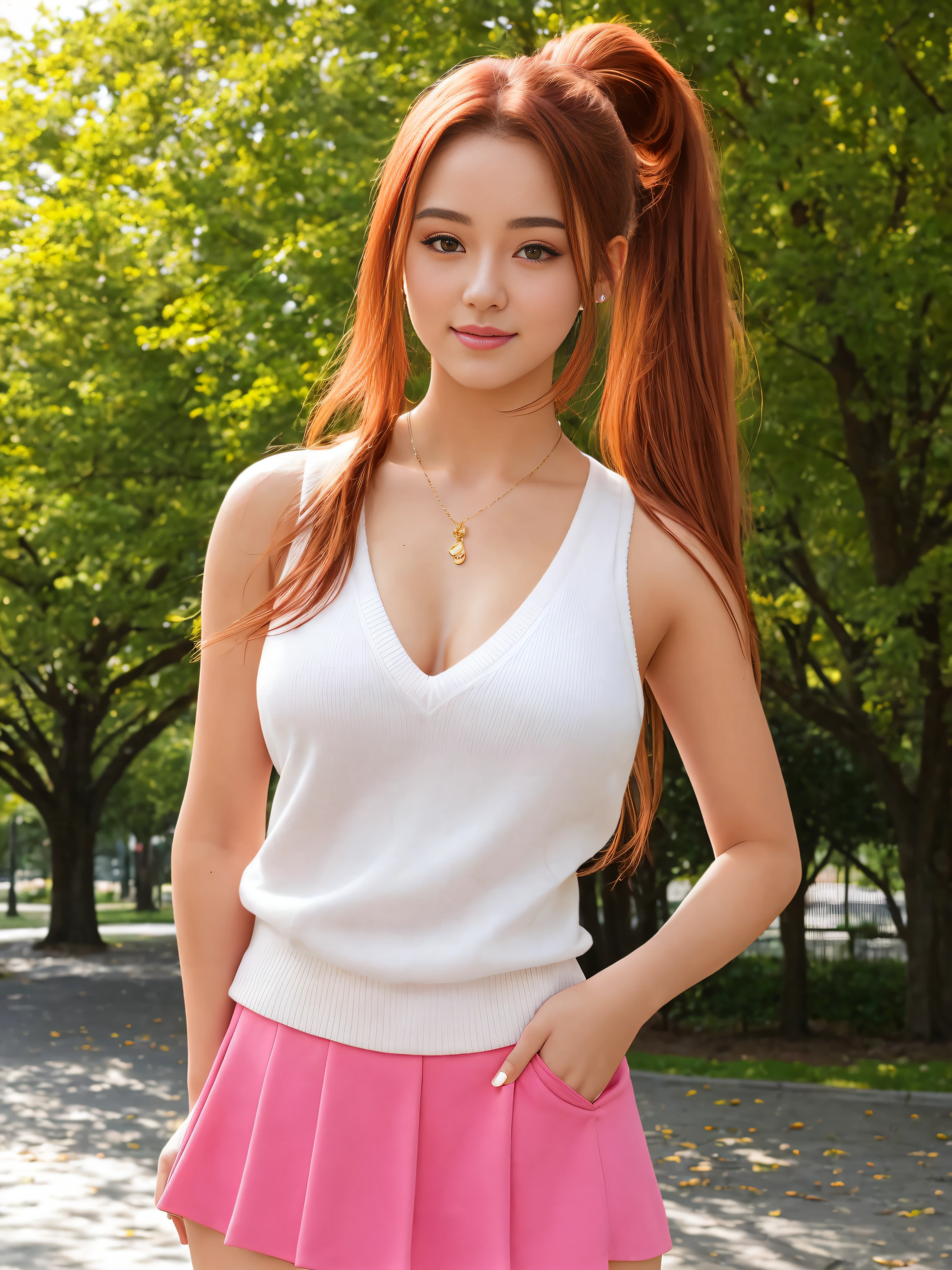 A beautiful student girl, , yellow sleeveless sweater, big chest, red hair in a ponytail, in a park, on a sunny afternoon, after a rainy day, perfect high detailed hands, perfect high detailed fingers, beautiful face, high detailed perfect eyes, Full body, Beautiful girl, clean detailed, dynamic pose, massive chest, casual clothing, Pink Mini-skirt, full body,
