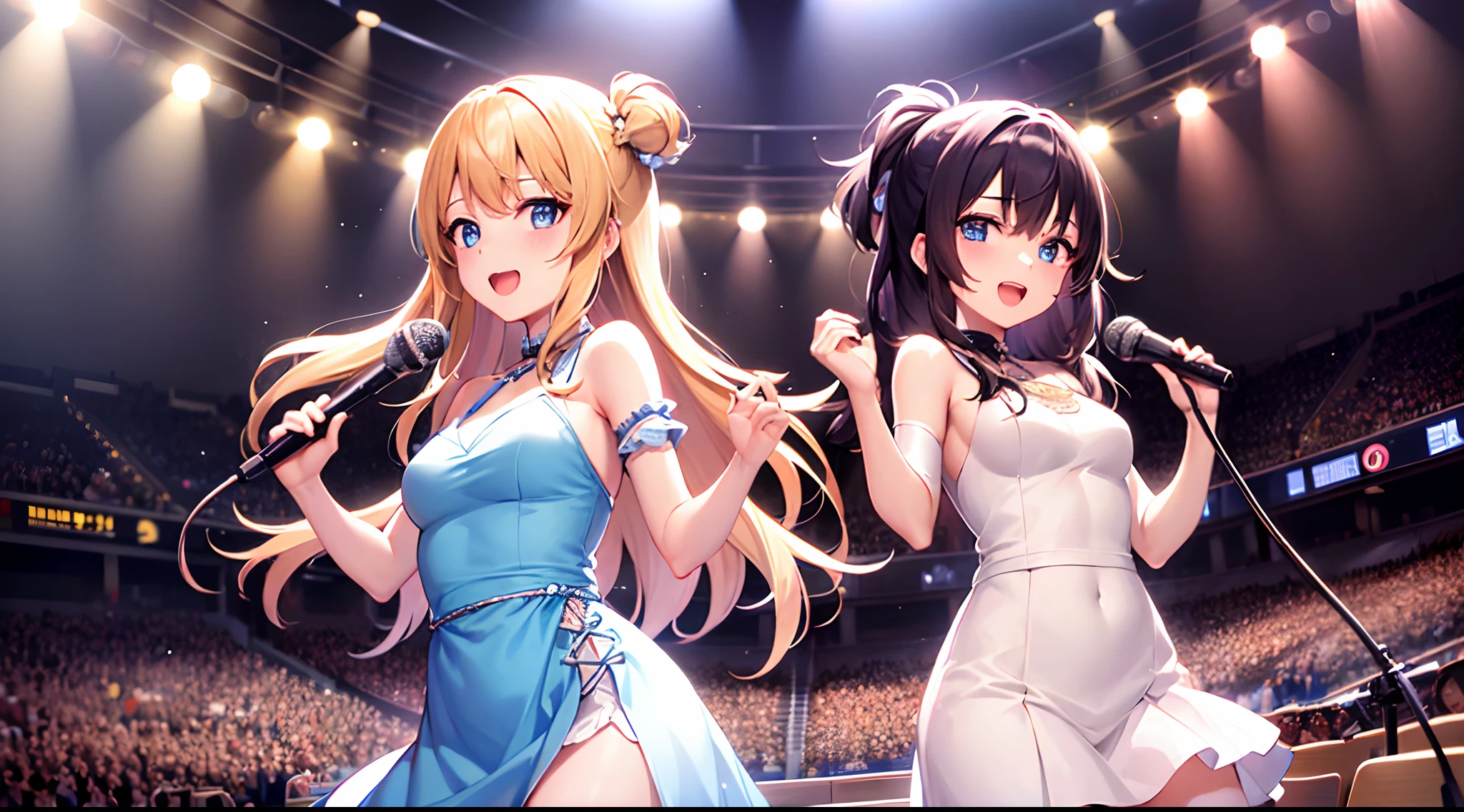 Idol Costumes、Dancing on stage、Waist-length hair tied in a high ponytail、Move the tick part to the side、Big beauty(Tall Woman, Slim figure, Firm breastus、