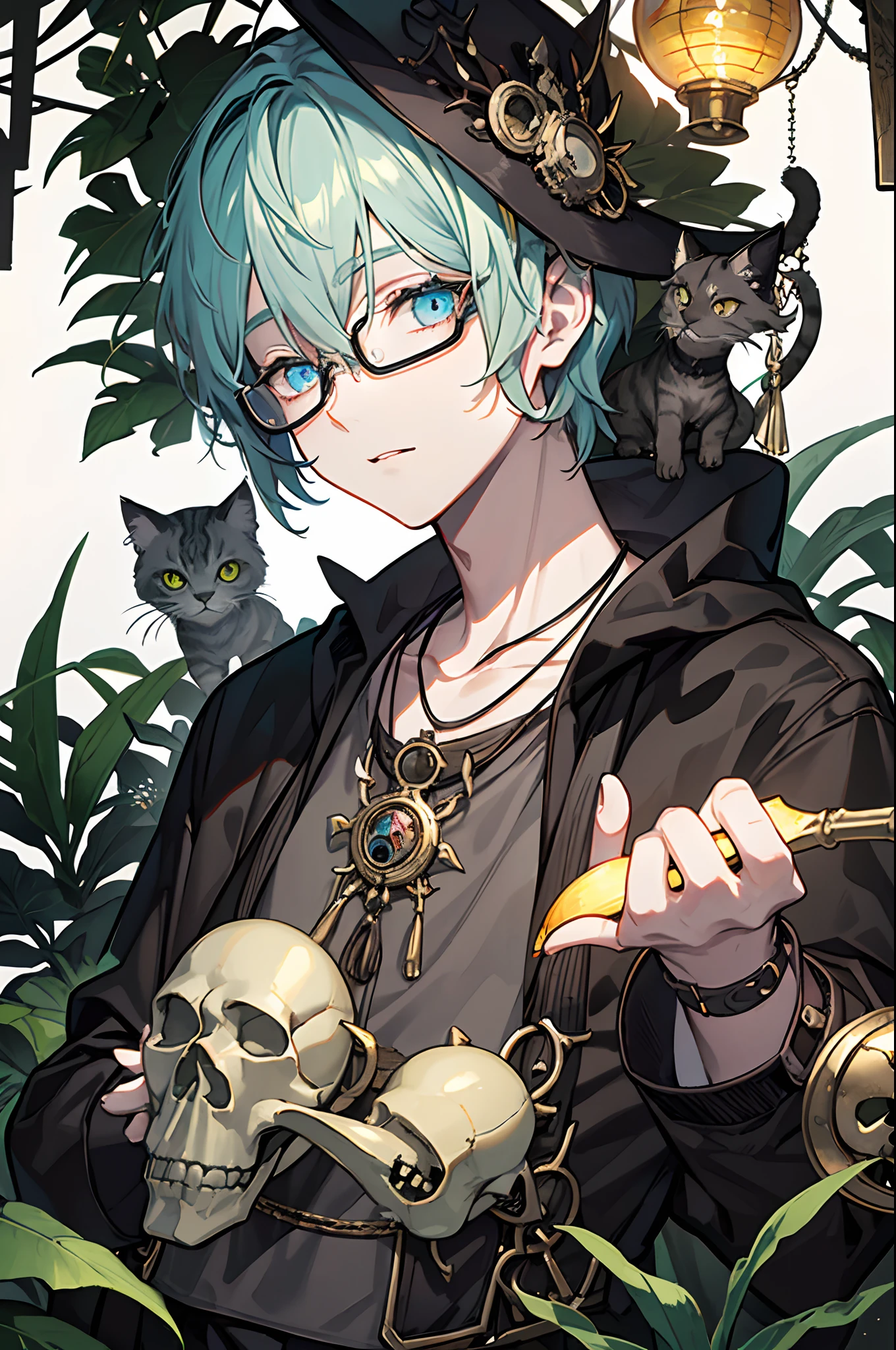 twinks male people eye glass Remains of the rainforest The scholar jungles Skull lamp Cat cat squash glimmering light steampunc masterpiece Top image quality Darken shading(light) Clear cinematic shadow Increased attractiveness of the eyes {Perfect face} Clear the shine of the eyes Draw eyelashes neatly
