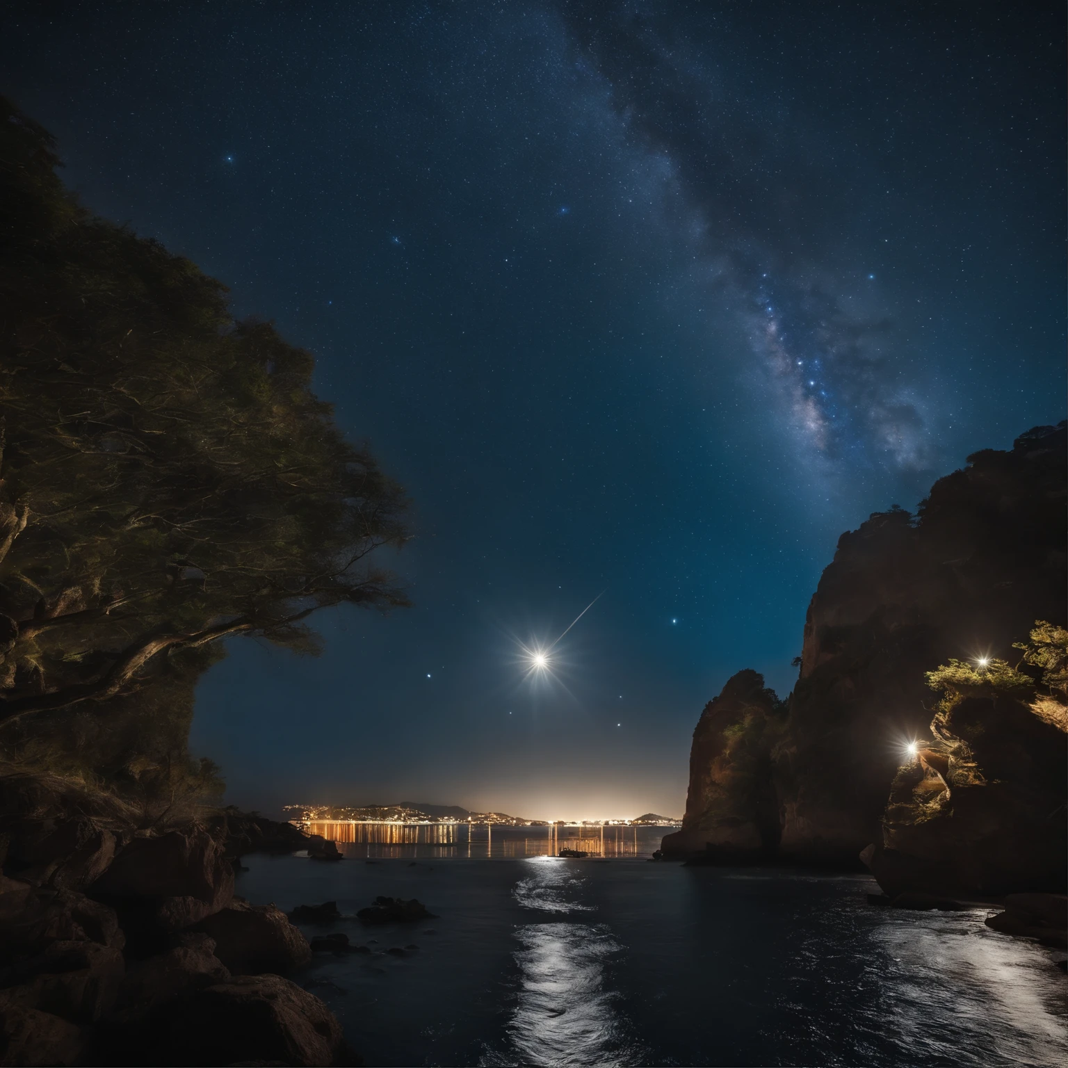 Master Parts、Superior Quality、superior image quality、The 8k quality、、Beautiful pictures of the starry sky、magnifica、Arched Milky Way:1.9、Sail ships:1.9、Blue Sea、shooting stars:1.9