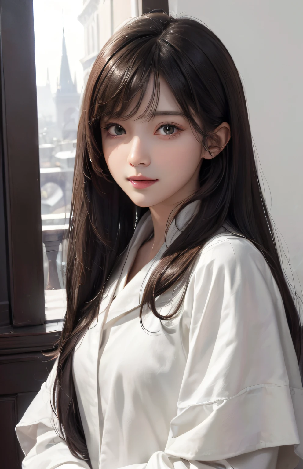 A woman with long hair and a white shirt posing for a picture - SeaArt AI