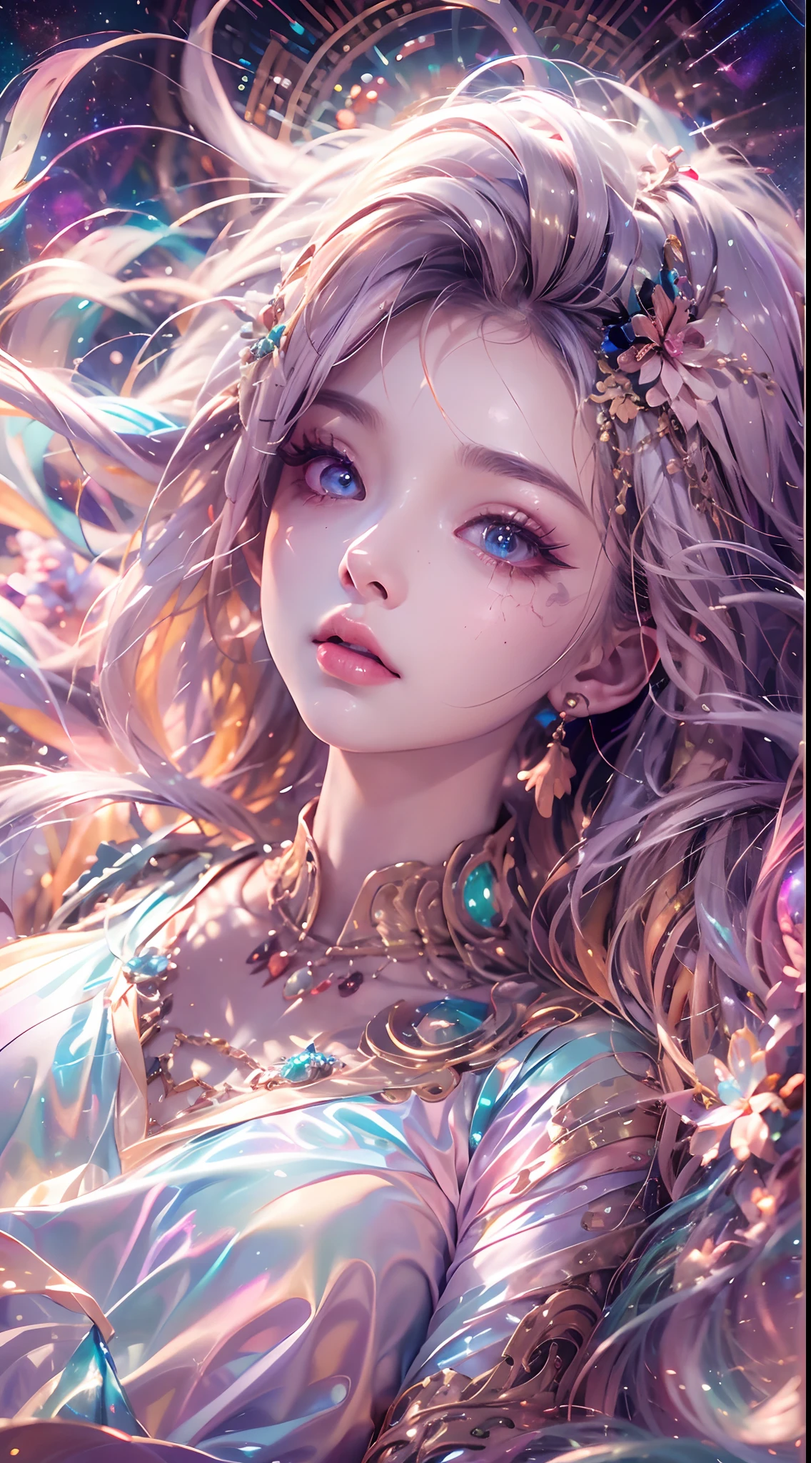 1girll,（enchanced quality：1.4），（Top quality true texture skin), Delicate face,Black hair, Gradient hair,Oversized bust, There are precious stones on the forehead, largeeyes，Wide eyes，（Eye focus），sface focus，Cosmic eyes，Space eyes，Sparkling pupils，long eyelasher,grin, hyper photorealism, Cinematic lighting, projected inset, surrealism, hyper HD, Masterpiece, 16k，Lie down，dream on，Wear transparent silk pajamas,Carmelto,Legs slightly open，Tattooed with，Fantasy space，Luxurious space，PureErosFace_V1，Urzang-6500-V1 version.1，