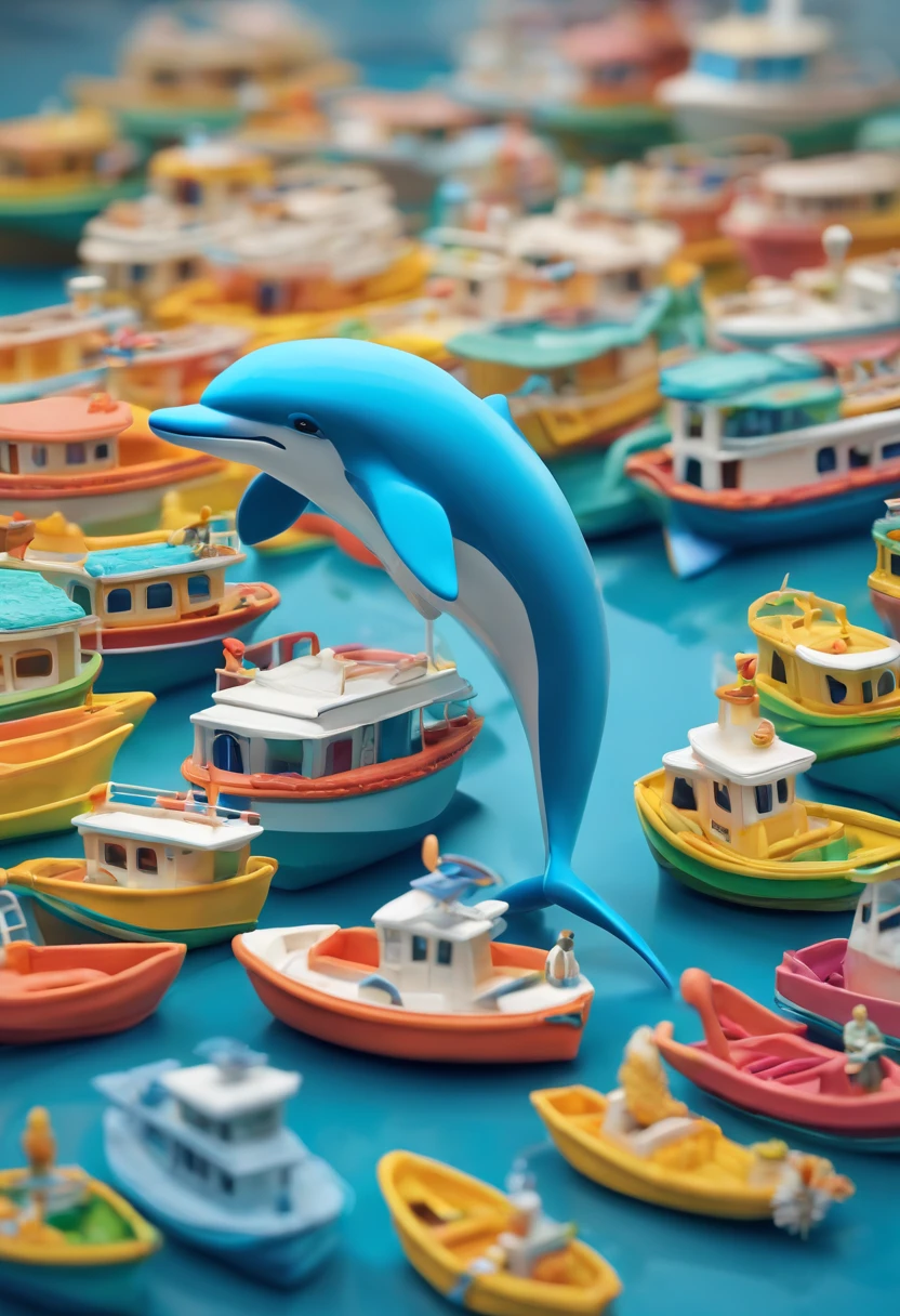 /digital a stunning photo of a couple dolphin surrounded by boats, swim together into the ocean, 8k resolution concept art( intricate details:1.2), sunlight, (high quality:1.2), trending on artstation, 8k, absurdres, extremely detailed, (close up:1.1)