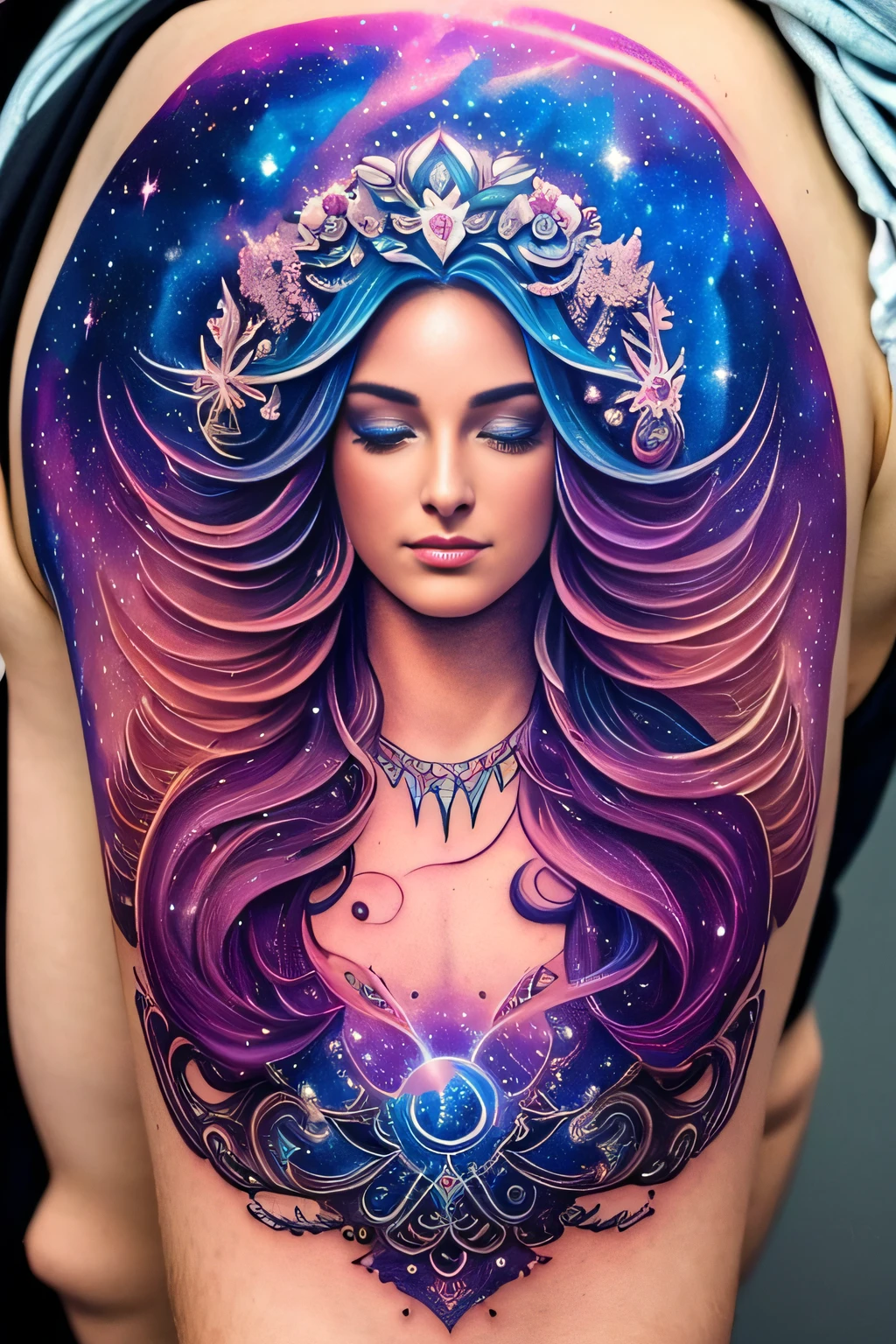 a woman with tattoos,top less, in front of a space background with flowers and planets in the background, fantasy art, Android Jones, cyberpunk art, solarpunk, (Best Quality, 8K, Masterpiece, Ultra HD: 1.3, Ultra quality cinematic lighting, Huge detail, Well lit, 35mm, sharp, hyper realistic, epic scale, insane level of details, wife angle kens, full body shot, birthday suit
