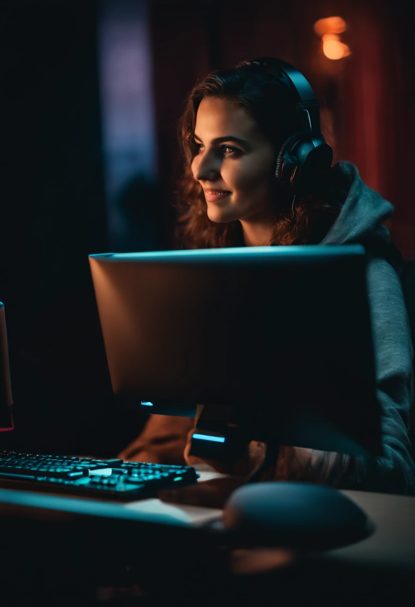 mulher gamer de 25 anos, usando fone gamer, em frente a um computador, jogando.