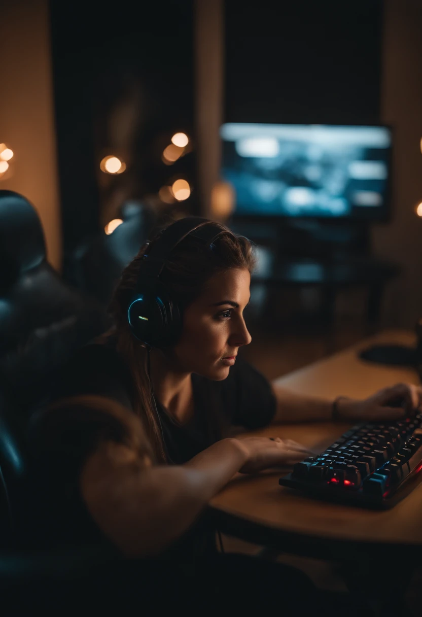 mulher gamer de 25 anos, usando fone gamer, em frente a um computador, jogando.