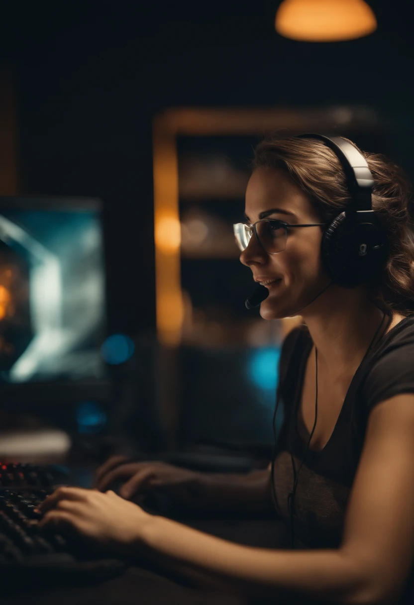 mulher gamer de 25 anos, usando fone gamer, em frente a um computador, jogando.
