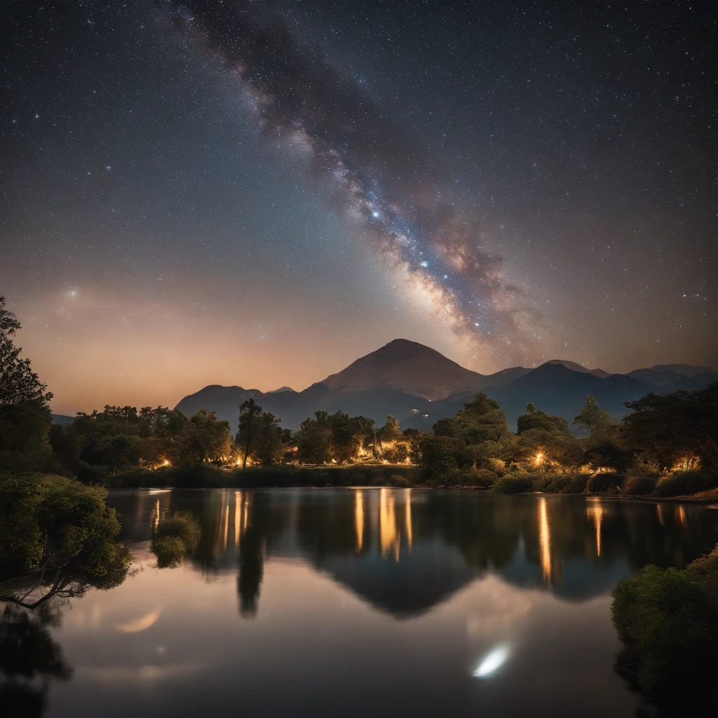 Master Parts、Superior Quality、superior image quality、The 8k quality、、Beautiful pictures of the starry sky、magnifica、Arched Milky Way:1.9、shooting stars:1.9、Futuristic cities:1.9