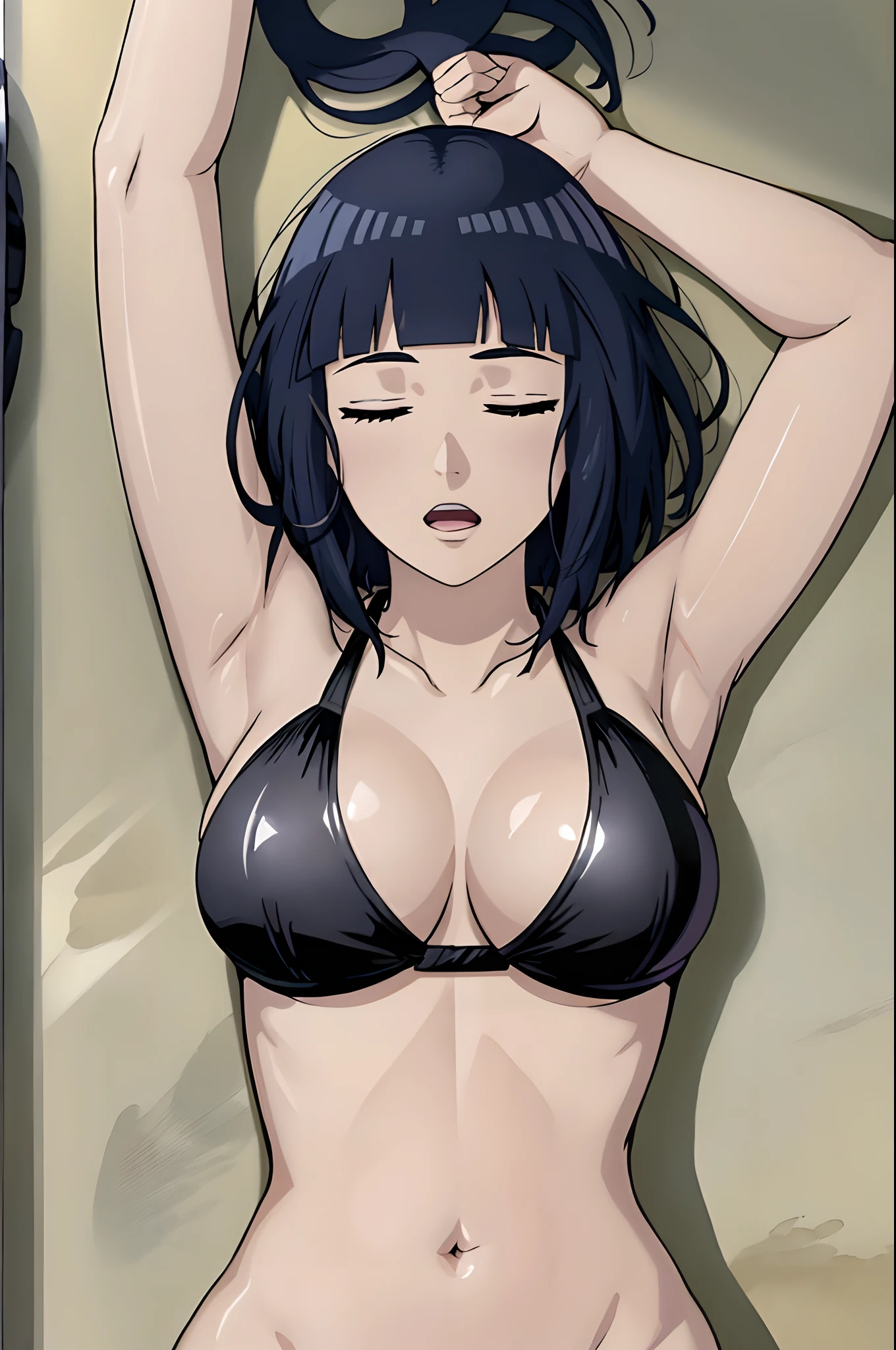 ((cowboy shot)), (ultra detailed body, ultra detailed face), ((solo)), anime style, hires, ((yellow background)), (hinata\(boruto\), (female wrestler), (slender body, broad shoulders), mature woman, milf, (black bikini, ultra detailed pro wrestling gear), victorious, gorgeous, winner, (moaning , open mouth), (pale skin, shiny skin, lighting and shadow), (dark blue hair color:1.1), wavy hair, ((short hair, hime cut, floating hair), big breasts, ((leaning against ground, lying on back, sleeping on ground, out cold, unconscious)), (long belly), (closed fists, head tilt), seductive