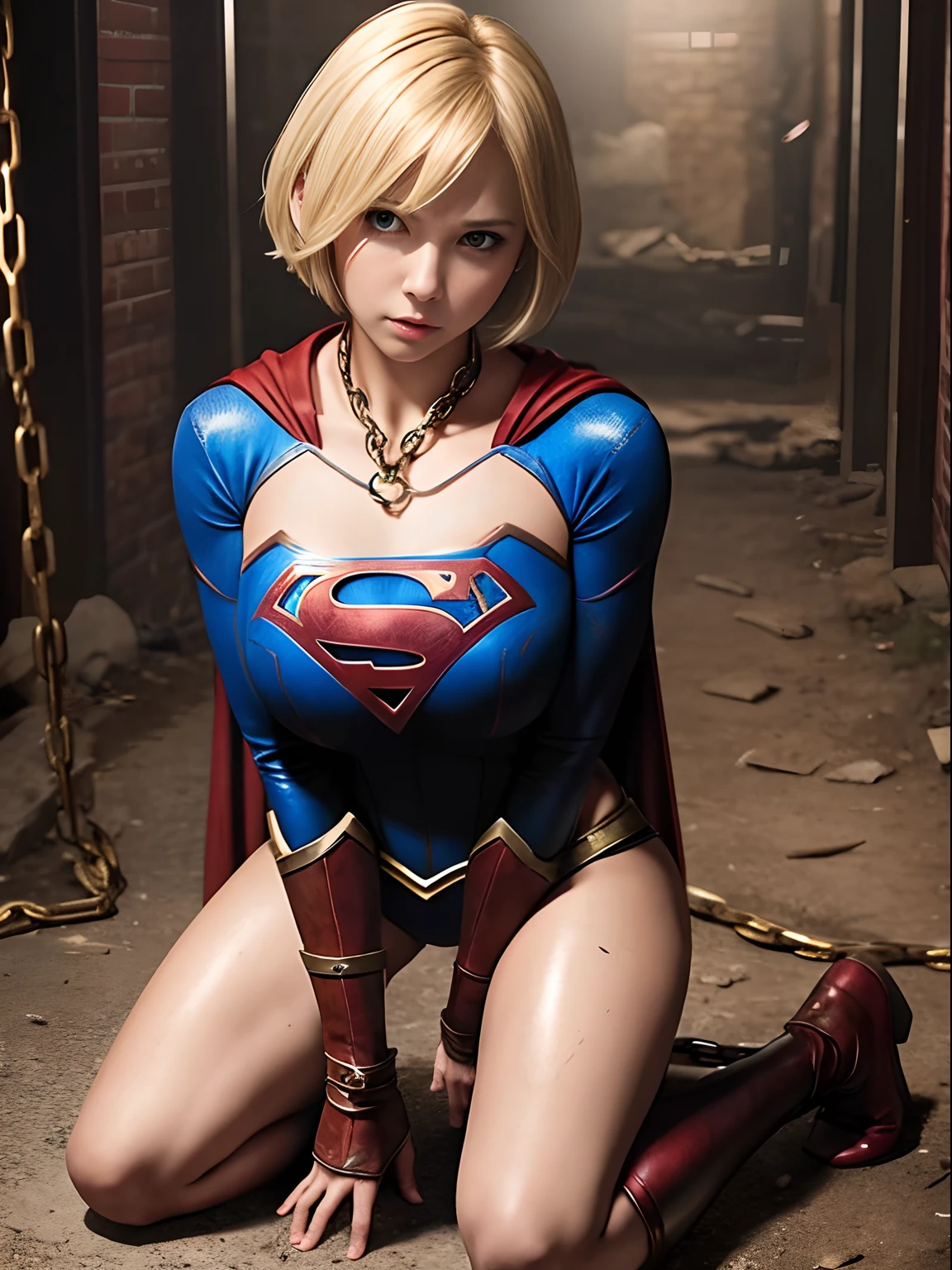 Short-haired Supergirl kneeling entangled in a rusty chain、large full breasts、Looking at the camera、Glossy costume、Tattered costume、Injury、Dungeon、slaves、humiliated