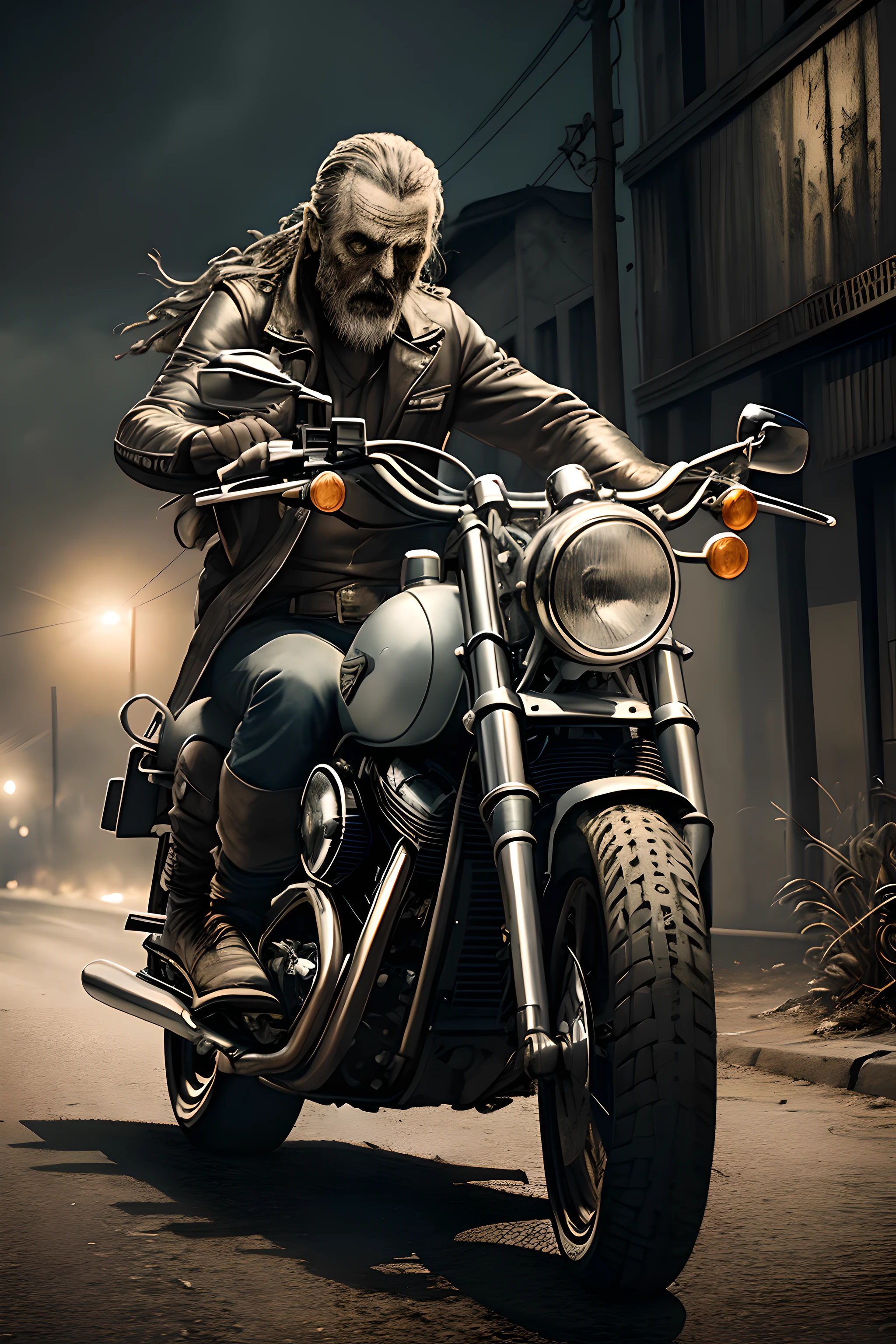 Produce a vintage-style crosshatch illustration of a zombie, reminiscência da série The Walking Dead, pilotando uma motocicleta Harley Davidson, adequado para obras de arte de moto clube. Use um fundo composto apenas por respingos de tinta. Pay meticulous attention to (((detalhes intrincados))) Like the decadent features of the zombie, o design da motocicleta, e o sombreamento Crosshatch. Ambicione ((extrema qualidade de detalhes)) To create a visually captivating illustration. Crie um ((dynamic compositing)) that captures the essence of motorcycle culture and the brave, tema morto-vivo de The Walking Dead.