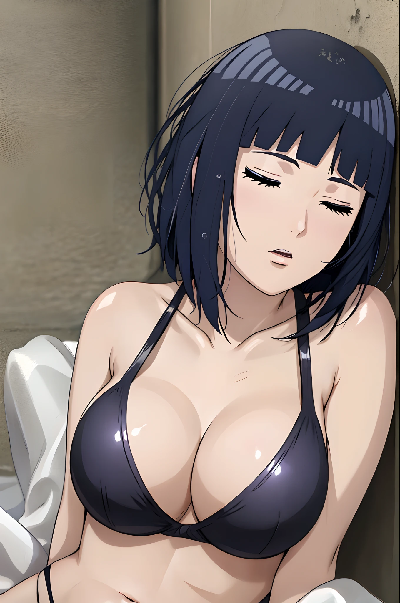 ((cowboy shot)), (ultra detailed body, ultra detailed face), ((solo)), anime style, hires, ((yellow background)), (hinata\(boruto\), (female wrestler), (slender body, broad shoulders), mature woman, milf, (black bikini, ultra detailed pro wrestling gear), victorious, gorgeous, winner, (moaning , open mouth), (pale skin, shiny skin, lighting and shadow), (dark blue hair color:1.1), wavy hair, ((short hair, hime cut, floating hair), big breasts, ((leaning against ground, lying on back, sleeping on ground, out cold, unconscious)), (long belly), (closed fists, head tilt), seductive