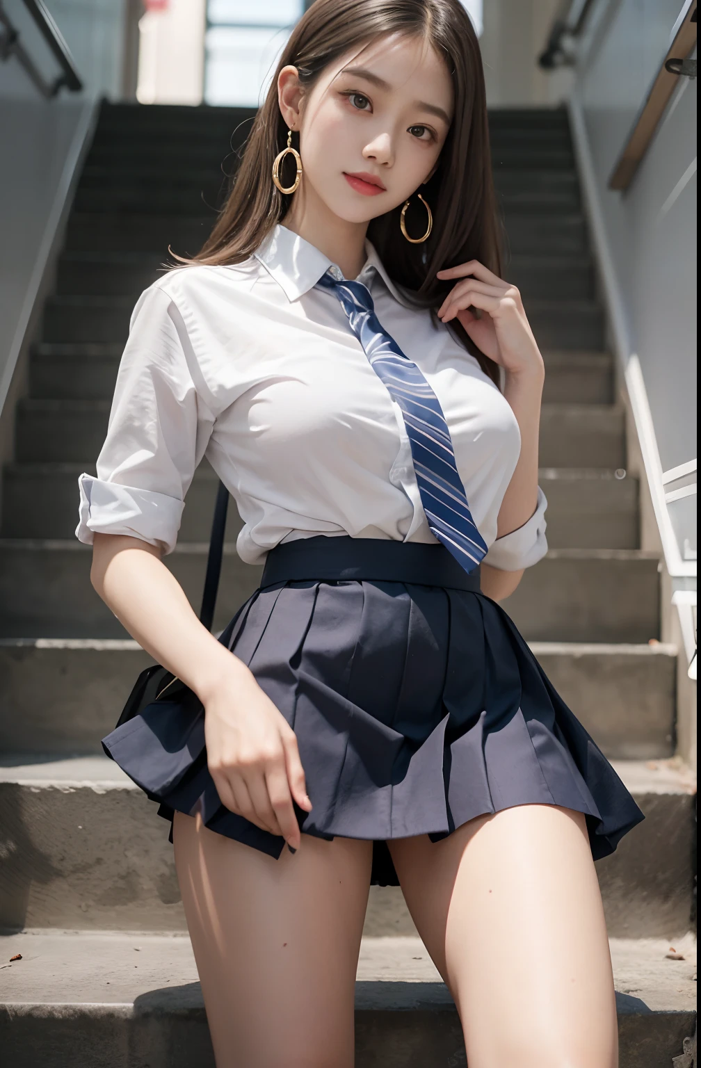 Gray eyes, Korean school uniform, summer school uniform shirt, ribbon tie, skirt, bright blonde, school stairs, going down school stairs, chest thrusting pose, chest bragging pose, 8k raw photo, high resolution, cool Korean at , very big round breasts, beautiful eyes in detail, long eyelashes, beautiful double eyelids, eyeshadow, eyeliner, slender eyes, elongated eye shape, Sanpaku eyes, evil smile, evil look, beautiful very thin legs, beautiful very thin thighs, random medium hair, hair tied behind the head, earrings,