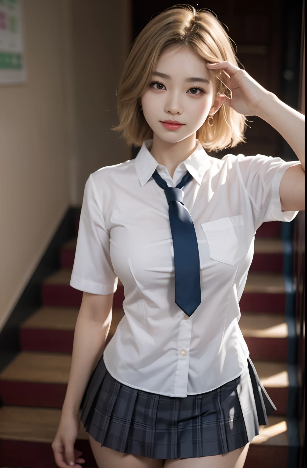 Gray eyes, Korean school uniform, summer school uniform shirt, ribbon tie, skirt, bright blonde, school stairs, going down school stairs, chest thrusting pose, chest bragging pose, 8k raw photo, high resolution, cool Korean at , very big round breasts, beautiful eyes in detail, long eyelashes, beautiful double eyelids, eyeshadow, eyeliner, slender eyes, elongated eye shape, Sanpaku eyes, evil smile, evil look, beautiful very thin legs, beautiful very thin thighs, random medium hair, hair tied behind the head, earrings,