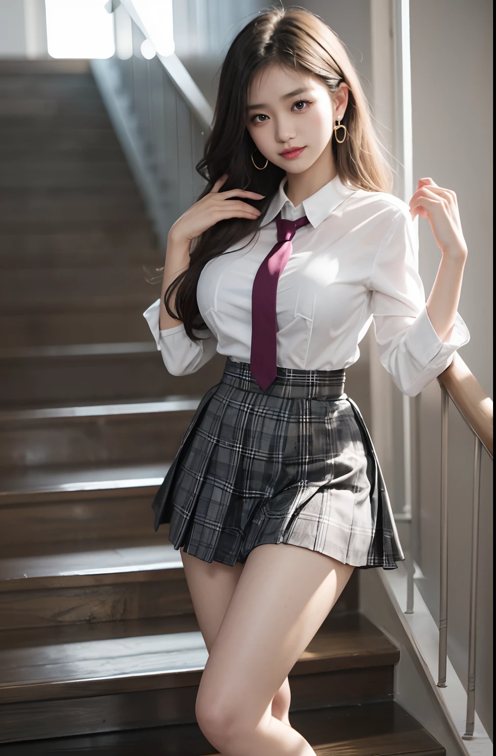 Korean school uniform, summer school uniform shirt, Ribbon Ties, short skirts, school classroom, school stairs, chest thrusting pose, 8K RAW photo, high resolucion, Cool 21 year old Korean, very big round chest, cleavage, beautiful eyes in detail, long eyeslashes, slender eyes, elongated eye shape, sanpaku eyes, malevolent grin, Evil Expression, Beautiful and very thin calves, Beautiful and thick thighs, Striped stockings，curlies，Large wavy hair, hair tied behind the head, Earrings, Gravure pose