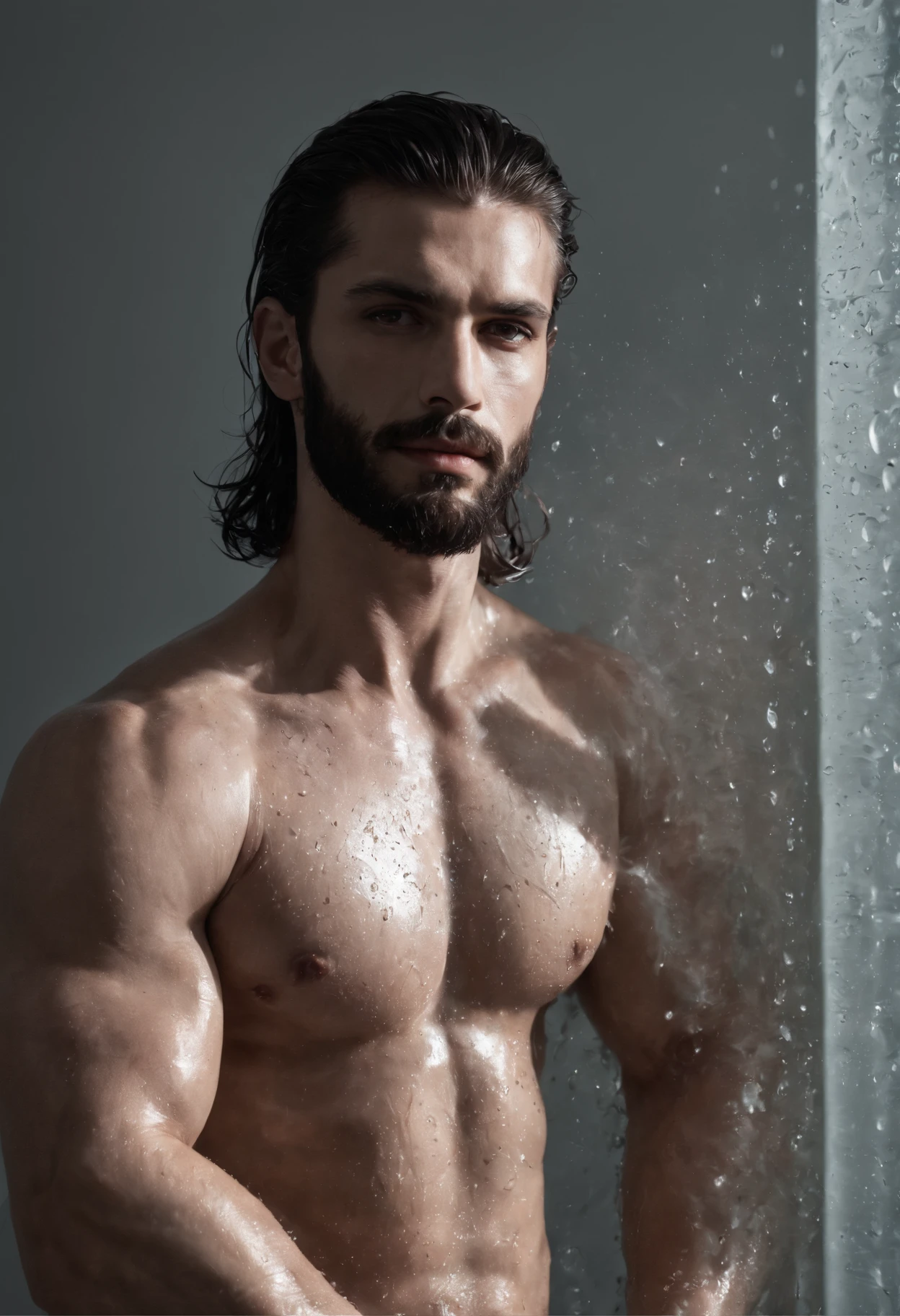 vogue photography,Full body photo of the back,Handsome and strong Brazilian long-haired male model standing in glass bathroom shower,Sweaty, Water droplets from the shower head fall from above, ssmile, waistup, back muscles, glute,Side face, Eyes look into the distance, Tie-up long curly black hair,little beard, Healthy complexion, Strong, big shadows,Strong chiaroscuro,Handsome muscular male model, editorial model, very very roberto ferri, steven klein, underwear ad, Strong mature male, inspired by Adrian Zingg, alex kanevsky, Danila Tkachenko, Melt Arras and Marcus Pigot, Open V chest clothes, vman magazine, Healthy skin and roughness