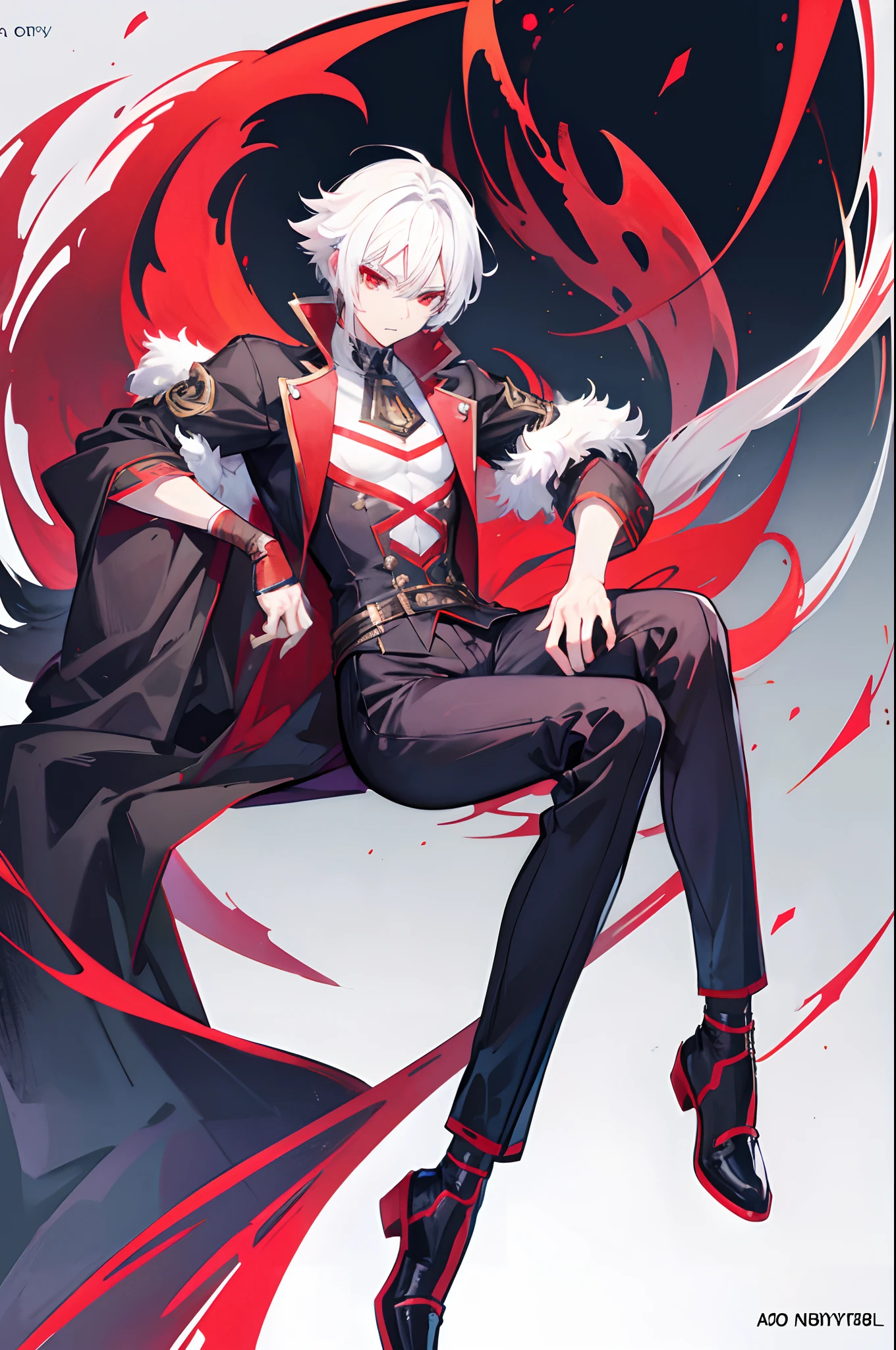 anime boy sitting, anime boy,  handsome anime pose, male anime character, 4k anime wallpaper, handsome guy in demon slayer art, full body illustration, White hair, red eyes