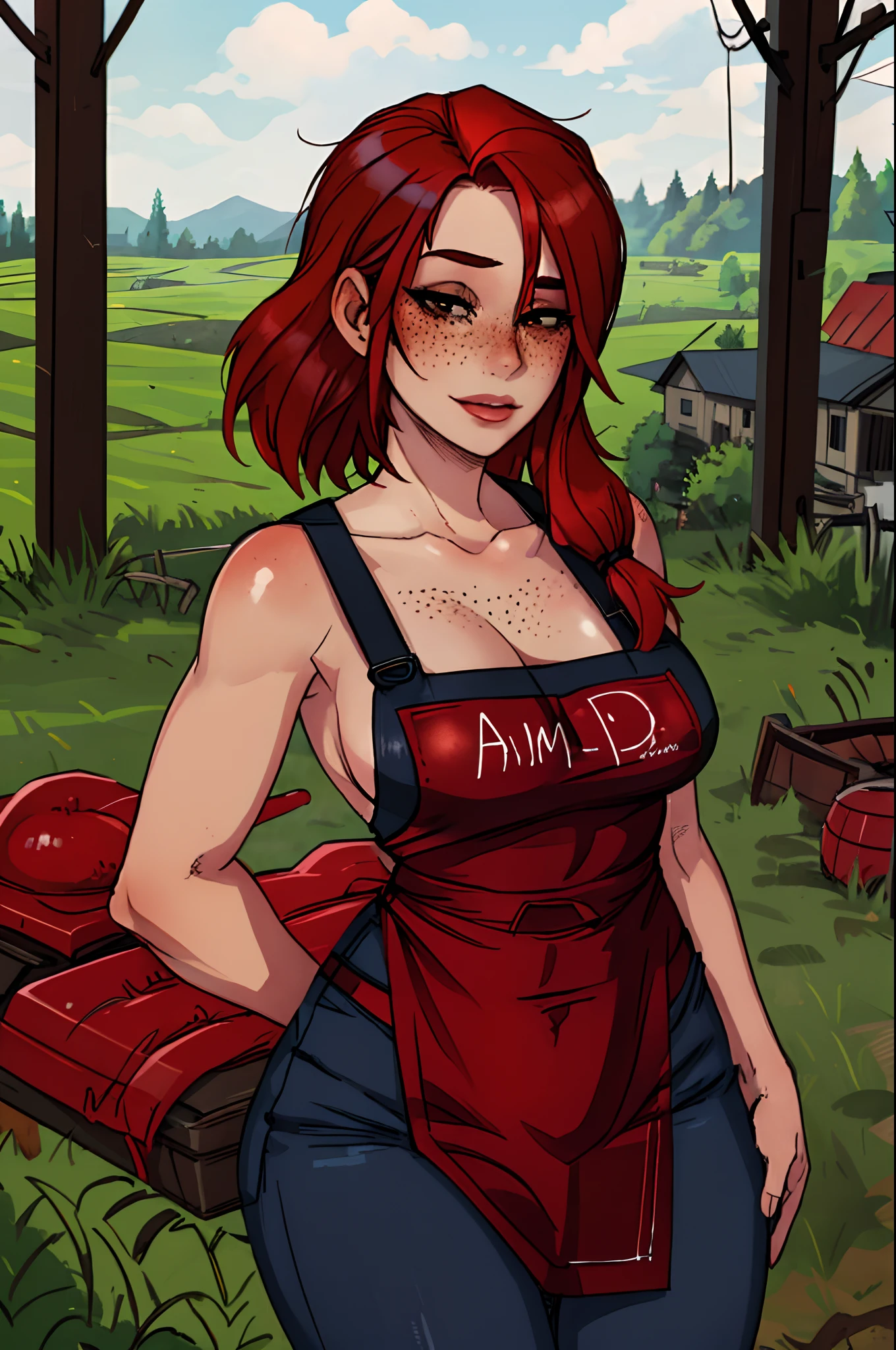 1girl, red hair, freckles, farmer, country side, young, farm, portrait, master piece, best quality, apron jeans, milf