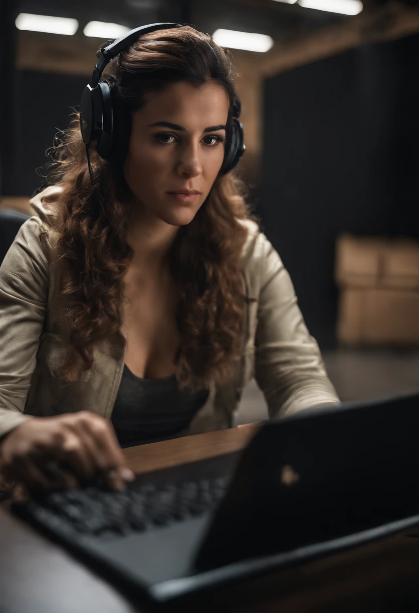 mulher com cabelo castanho claro, 25 anos, usando fone gamer, de frente para um pc gamer, com um teclado gamer, jogando Counter Strike Global Offensive.