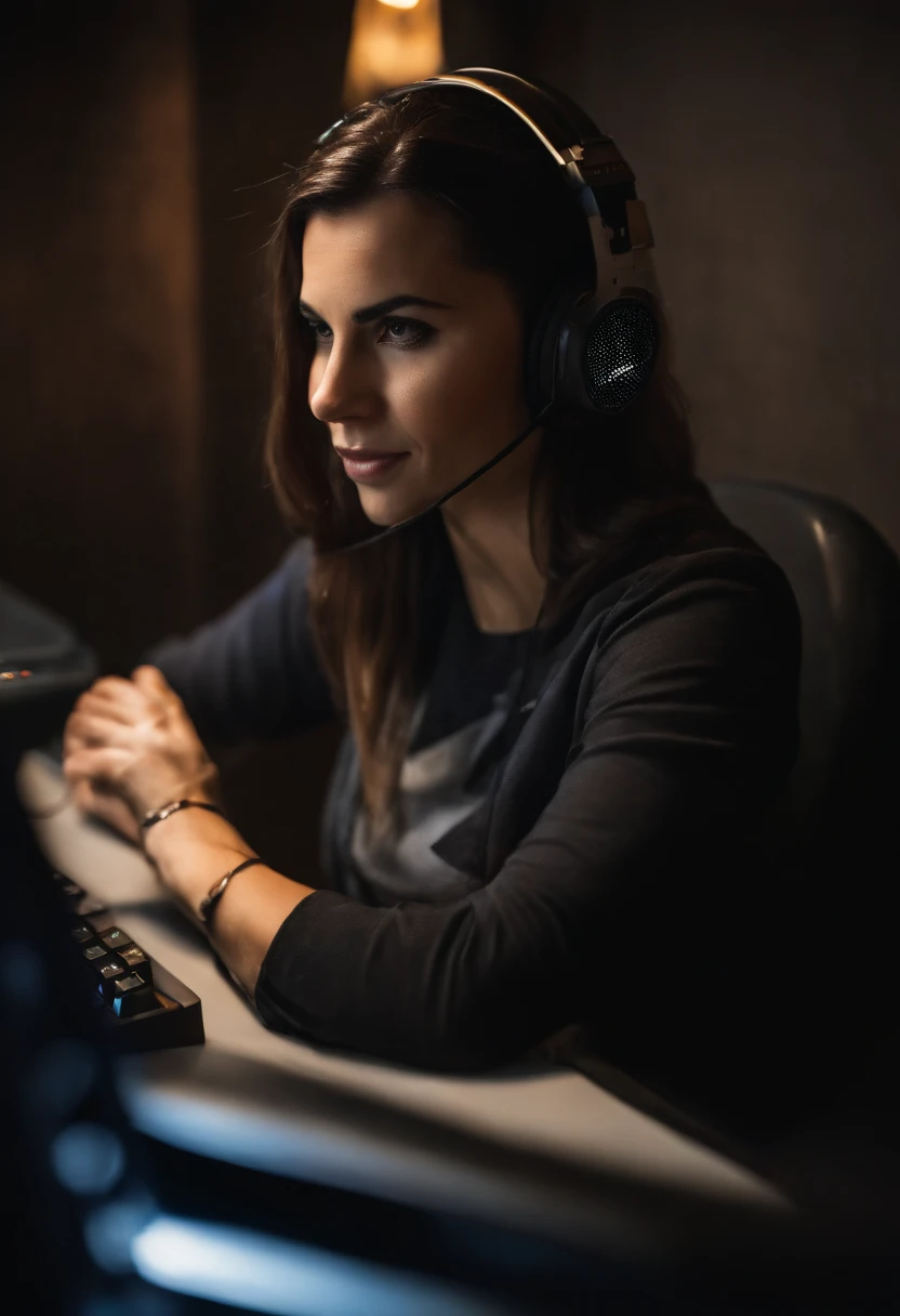 mulher com cabelo castanho claro, 25 anos, usando fone gamer, de frente para um pc gamer, com um teclado gamer, jogando Counter Strike Global Offensive.