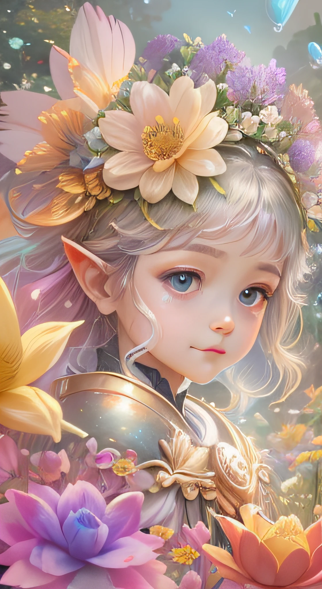 Cute flower fairy ，asas coloridas, Segure o cetro，Belo oceano cintilante、cercado por flores coloridas，asas transparentes，asas luminescentes､sorriso gentil､summer background､Fada suave e transparente､Tinta aquarela，Fundo bonito do jardim，Bright rainbow color landscape，infinidade de cores，Rico em elementos，The facial features are super detailed，anatomia correta,Epic composition, Epic digital art of romantic fantasy，Epic fairytale fantasy digital art，Mythological fantasy，Very high sharpness、K HD |、8k、Desenho detalhado，realista，very realistic，cinmatic lighting,uma fotografia premiada