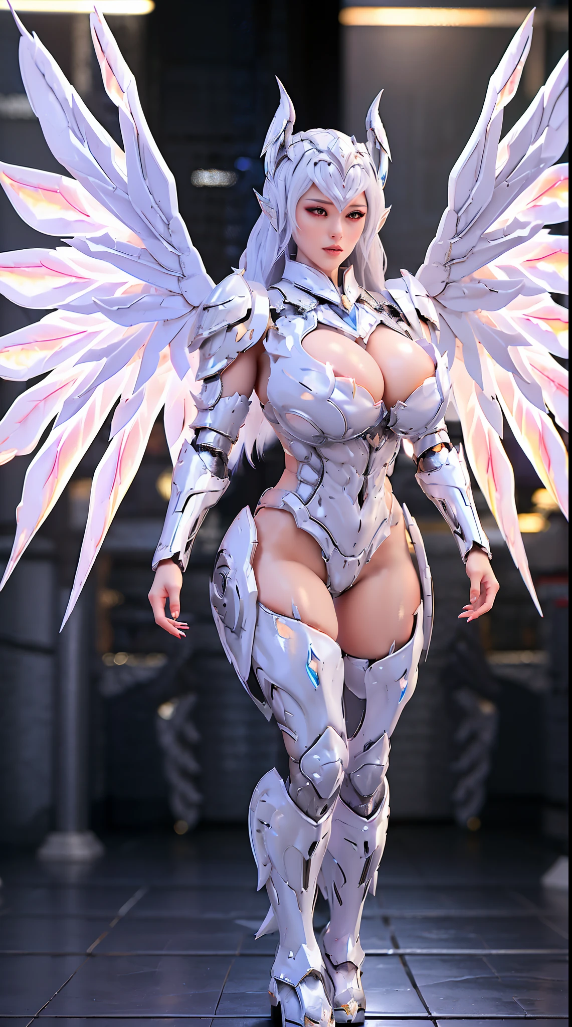 SILVER DRAGON QUEEN, HUGE BOOBS, BATTLE ARMOR, CLEAVAGE, (A PAIR OF BIG WINGS:1.5), TRANSPARANT, STANDING, SEXY BODY, MUSCLE ABS.