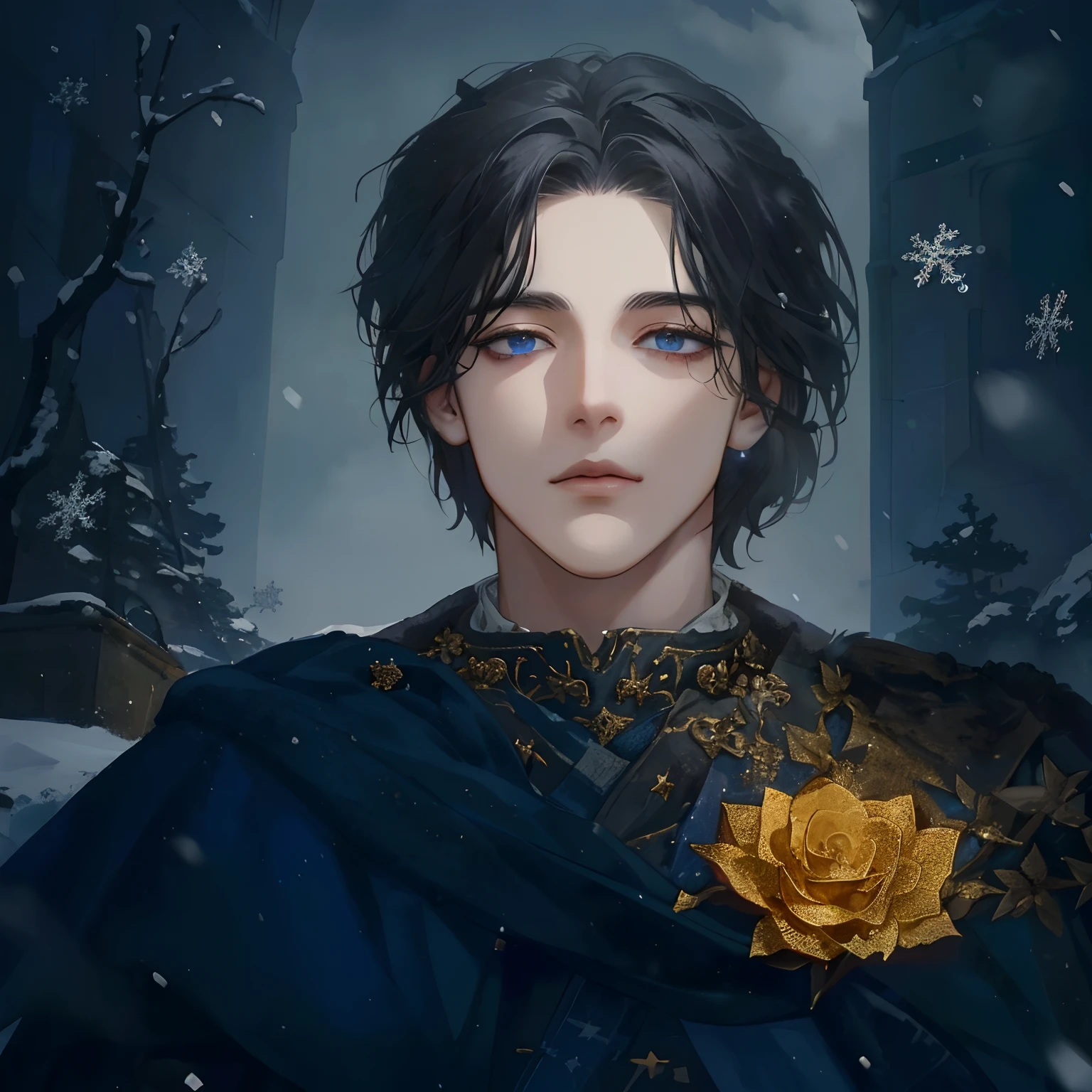 person, which lies on the snow-covered ground in medieval expensive dark clothes, He looks up at the sky, snowy, He had a bandage over his left eye, And there was no right hand. Golden dead roses with spines there, melancholic, hiquality, dramatic  lighting, winter, Masterpiece, He looks up at the sky