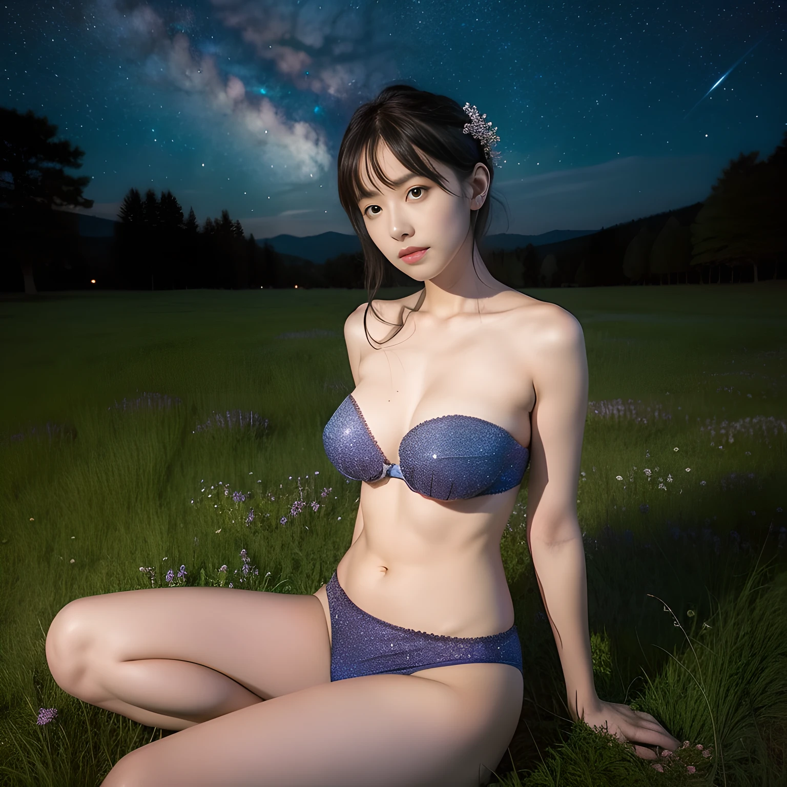 1girl,strapless,panties,underboob,bare shoulders,navel,hair ornament,meadow,starry sky,sitting,large breasts,