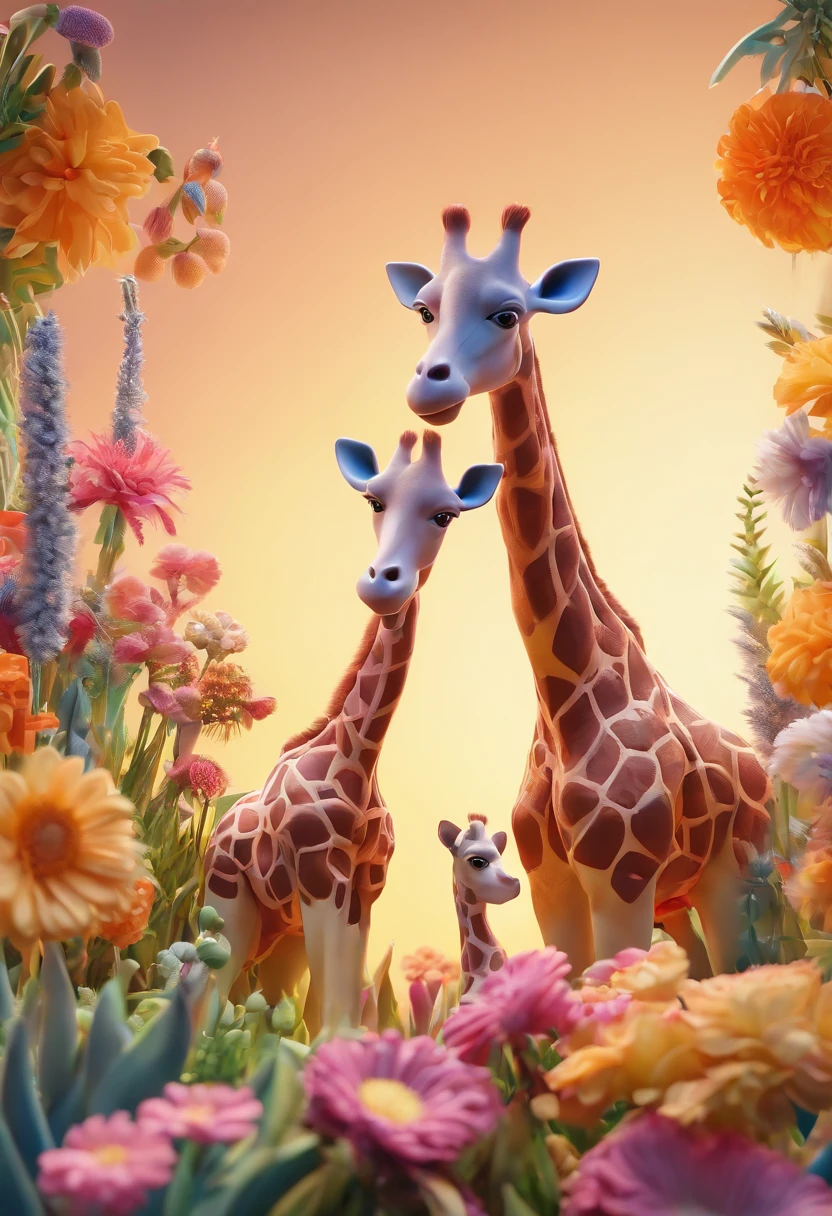a stunning photo of a couple giraffe surrounded by plants in a flower meadow, 8k resolution concept art( intricate details:1.2), sunlight, (high quality:1.2), trending on artstation, 8k, absurdres, extremely detailed fur, (close up:1.1)