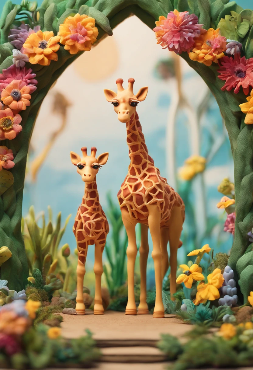 a stunning photo of a couple giraffe surrounded by plants in a flower meadow, 8k resolution concept art( intricate details:1.2), sunlight, (high quality:1.2), trending on artstation, 8k, absurdres, extremely detailed fur, (close up:1.1)