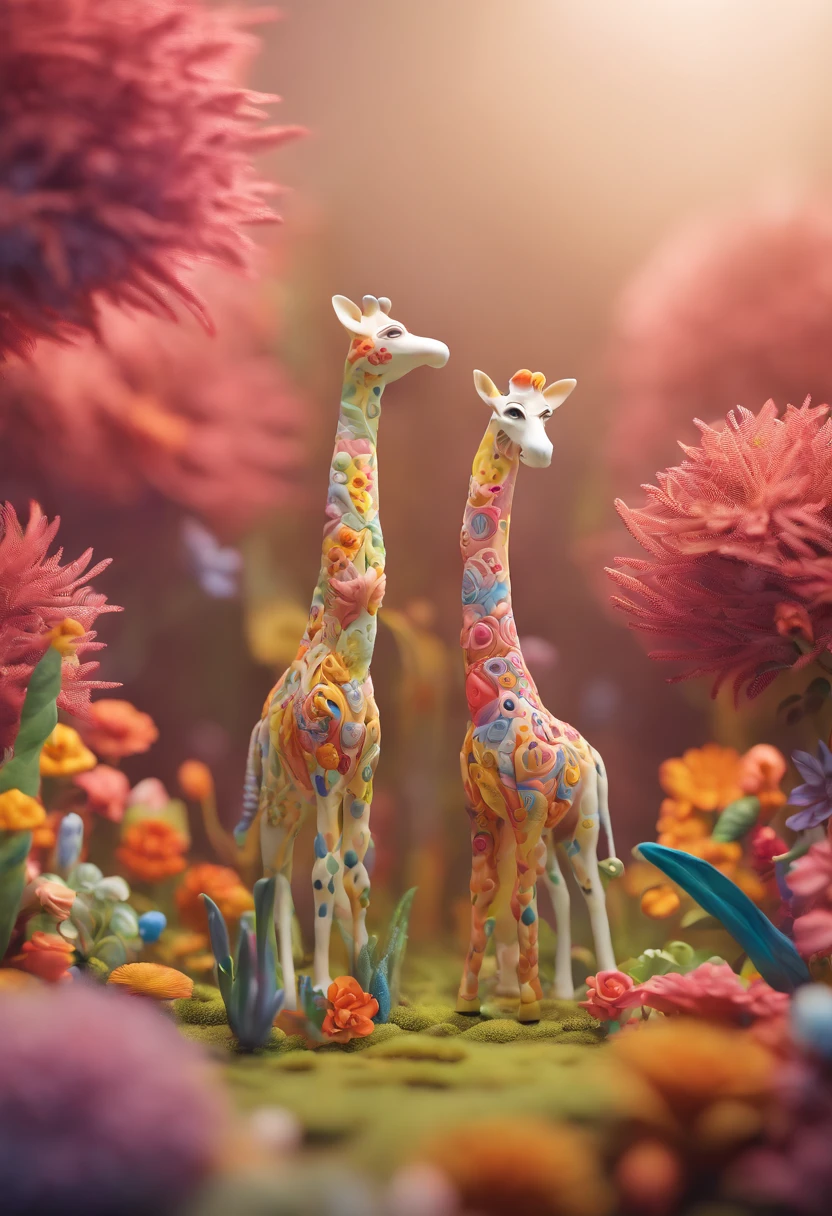 a stunning photo of a couple giraffe surrounded by plants in a flower meadow, 8k resolution concept art( intricate details:1.2), sunlight, (high quality:1.2), trending on artstation, 8k, absurdres, extremely detailed fur, (close up:1.1)