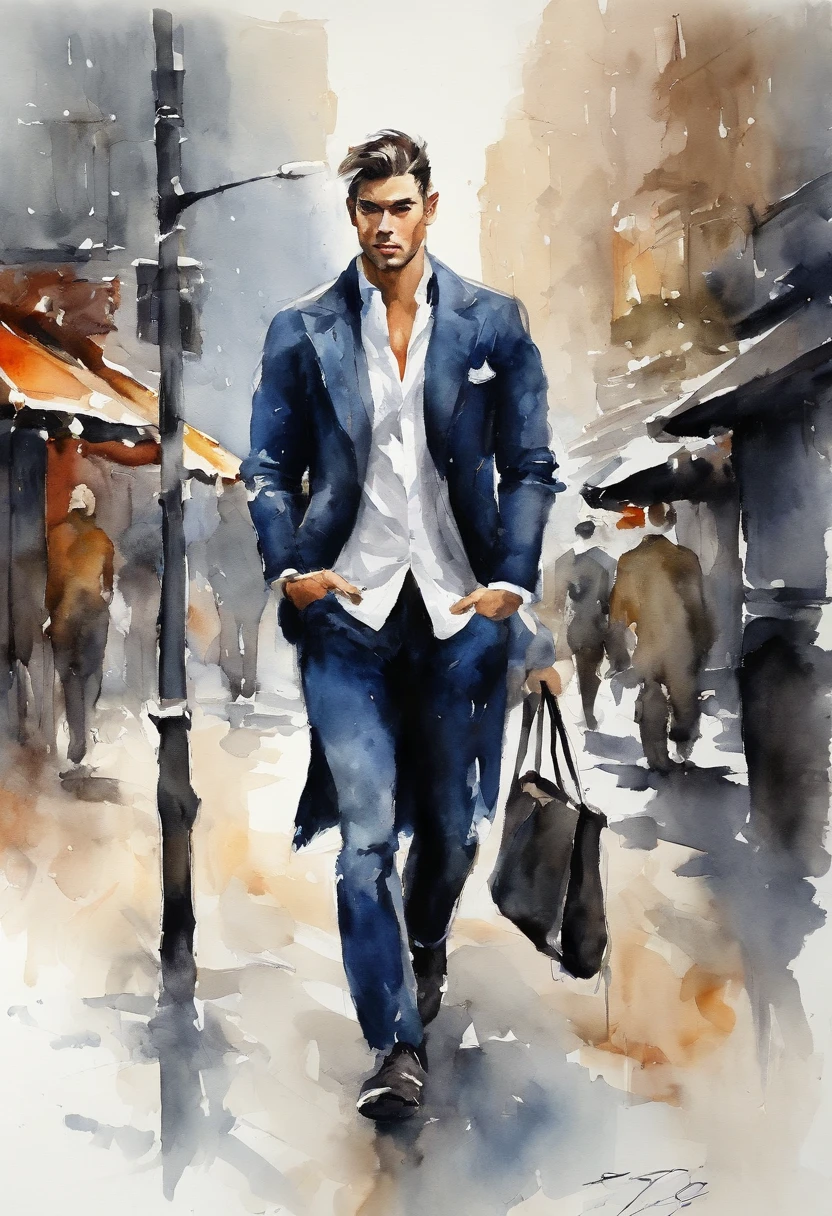 japanes,A tall man, Delicate facial features like an actor,Black hair with blonde highlights, Wearing a black gentlemanly jacket, Denim jeans, Intense muscles, Blue eyes, city